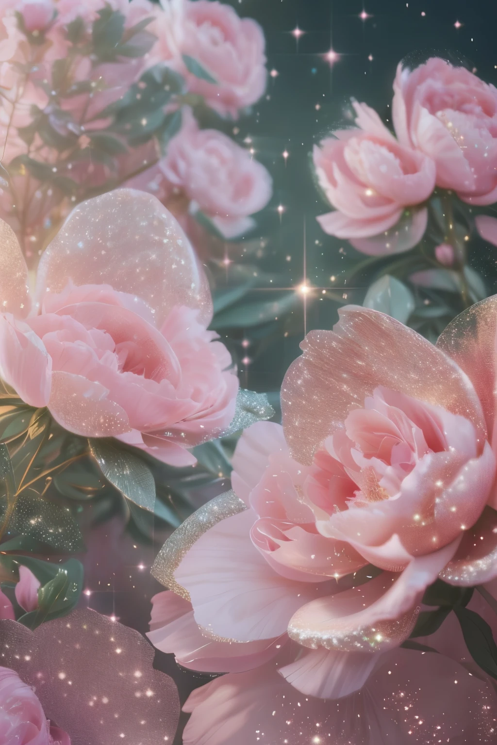 a photorealistic wallpaper, pinterest, peonies, rococo, dreamy aesthetic, fantasy aesthetic!, very magical and dreamy, with soft pink colors, dreamy and detailed, cottagecore!!, beautiful and aesthetic, very aesthetic!!!!!!!!!!!!!!!, beautiful aesthetic, beautiful aesthetic design, pink vibe, high quality, 8k, glitter, glow