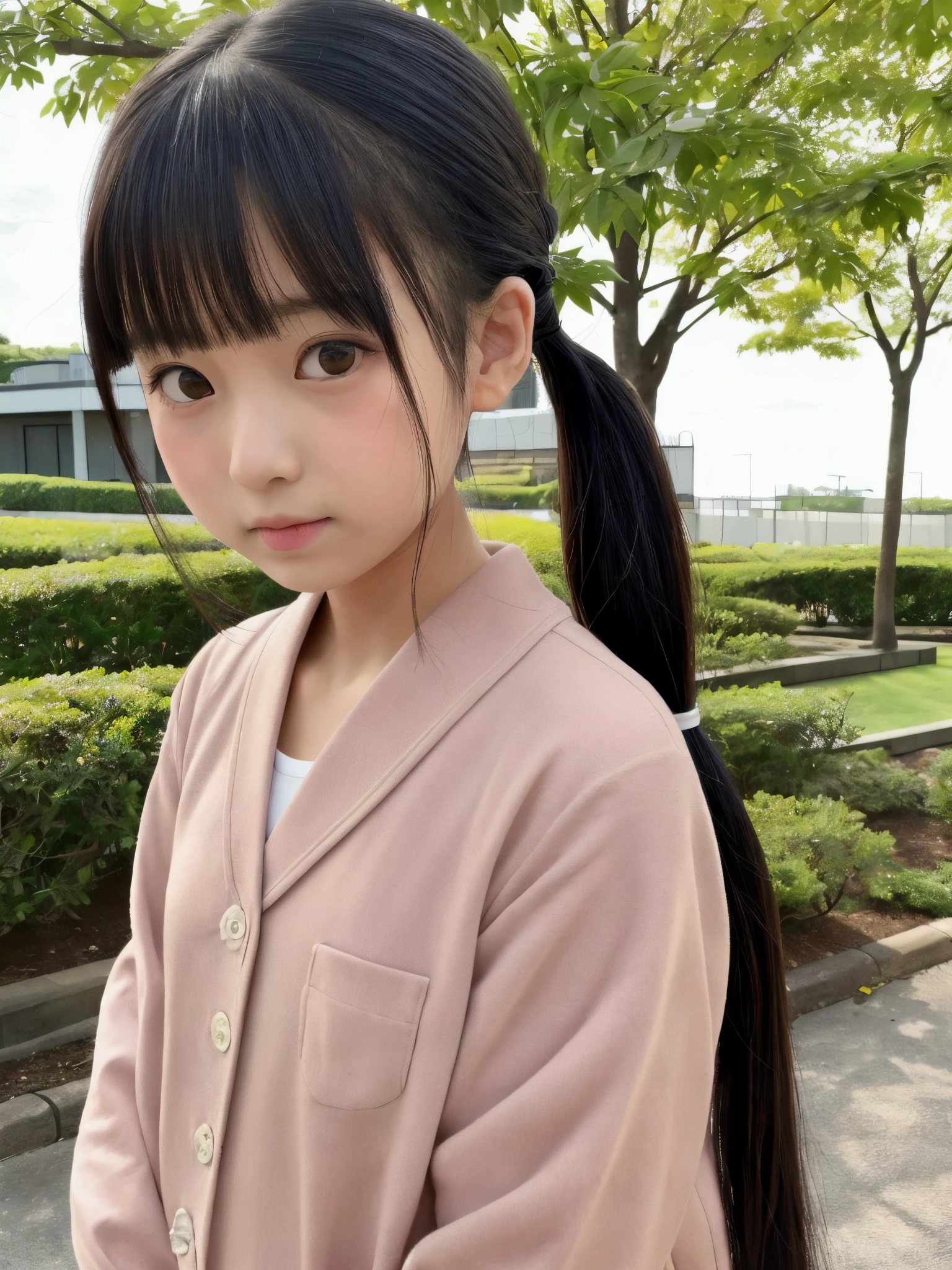 Japanese,10 years old,Innocent face,Teenage Girl,cute,Baby Face、Round face contour、Features of Baby Face、(Childish face,Soft and innocent face,Adorable plump cheeks,Shining round eyes,Small button nose,cutesmall mouth)、、cute girl、Childish girl、Young Body、Primary school students,Private elementary school,White uniform,White summer clothes,Are standing,Entrance Ceremony,In front of the school gate,Back view,Stick your butt out、Turn around here、Full body photo,Thin thighs、Twin tails,short hair,Hair Clip