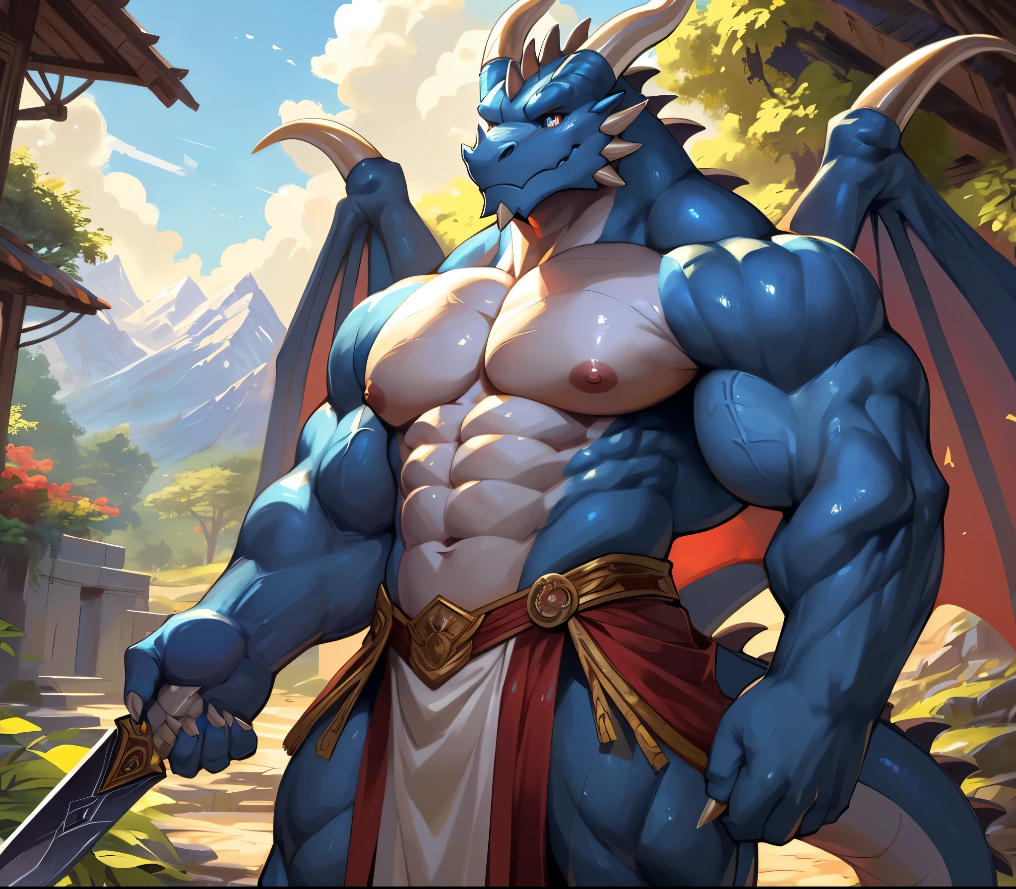 ((best quality)), ((masterpiece)), (ultra detailed),perfect face,(male antro dragon):2.5, male , ((( western dragon))):2.5, (strong beefy muscular body),((royal blue body)), (white belly), ((abs, strongmuscles, 8 pack)), furry, handsome,Beautiful and delicate eyes, exquisite eyes,(ultra detailed eyes, (golden):0.1 eyes, sharp eyes), night, detailed scene,full body, (artist: null-ghost,traver009, lindong, pino daeni), (full body), wearing random pattern necklace, claws, ((fluffy fur, fluffy, furry body)), majestic,pink nipples, (a pair of dragon antler), upper body naked, big fellow, muscular male, (wearing black kimono (open)), anime, big fellow, huge body, handsome,anime,(Great physique), (a pair of dragon wings),outside, day, mountain, mountains in the distance, arcane magic, sweat a bit, ornate cloth skirt; Arabian-style palace behind him with a beautiful garden, (a knight general), a sword place at the waist