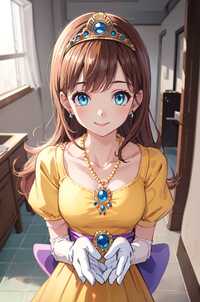 dq roller, Elbow rest gloves,Yellow Dress,Tiara,necklace,Earrings,blue eyes,
(Best Quality, masterpiece, RAW Photos,Super detailed:1.2), One girl,Alone,View your viewers,smile