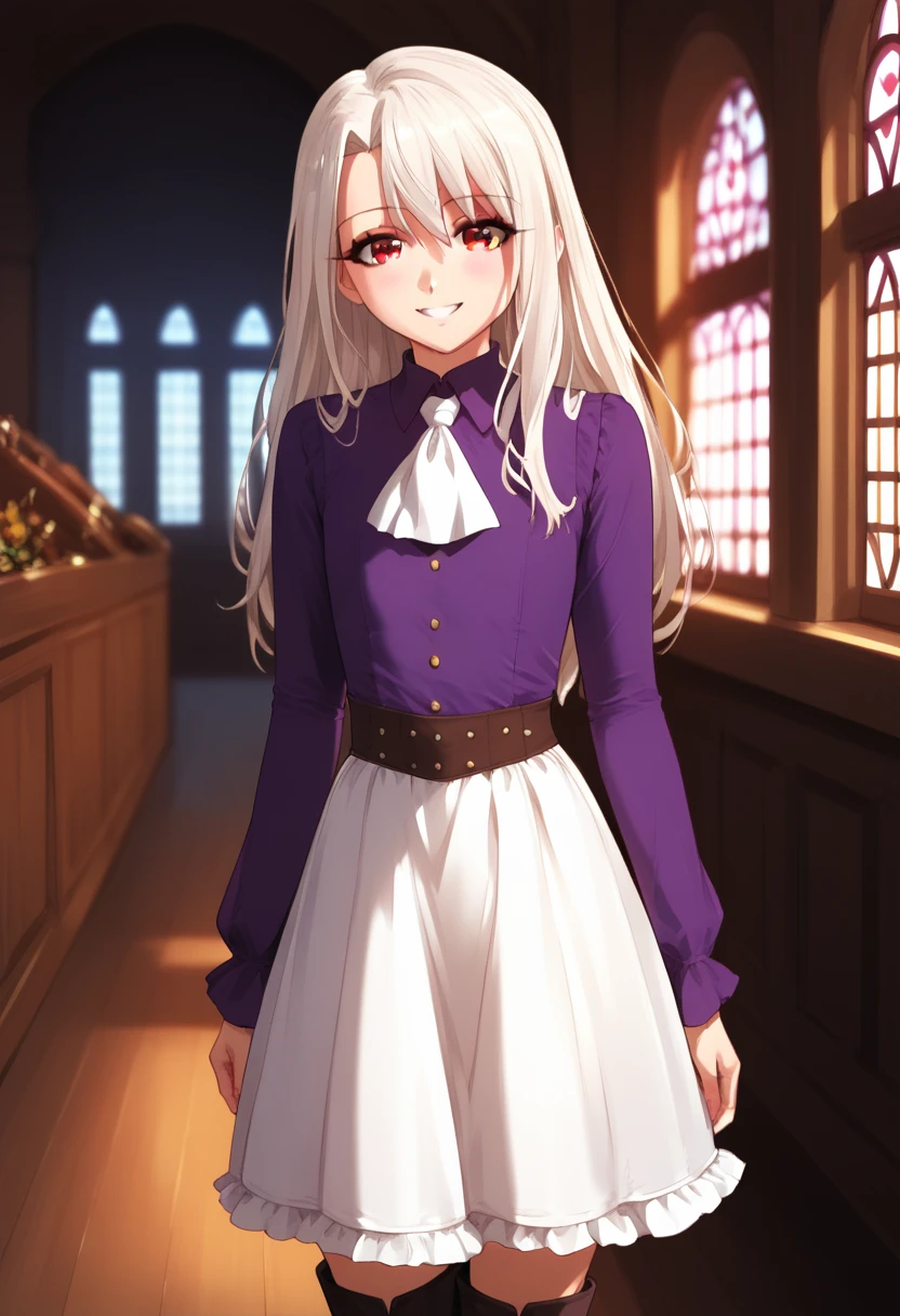 (masterpiece), (Best quality), (Very detailed), (high resolution), (8Khighres), (cel anime), (detailed beautiful face and eyes), (textile shading), (cowboy shot), (medieval interior), illyasviel von einzbern, long hair, (red eyes:1.5), white hair, skirt, shirt, long sleeves, boots, ascot, white skirt, frilled skirt, purple shirt, flat chest, beautiful breasts, walking, smile,,