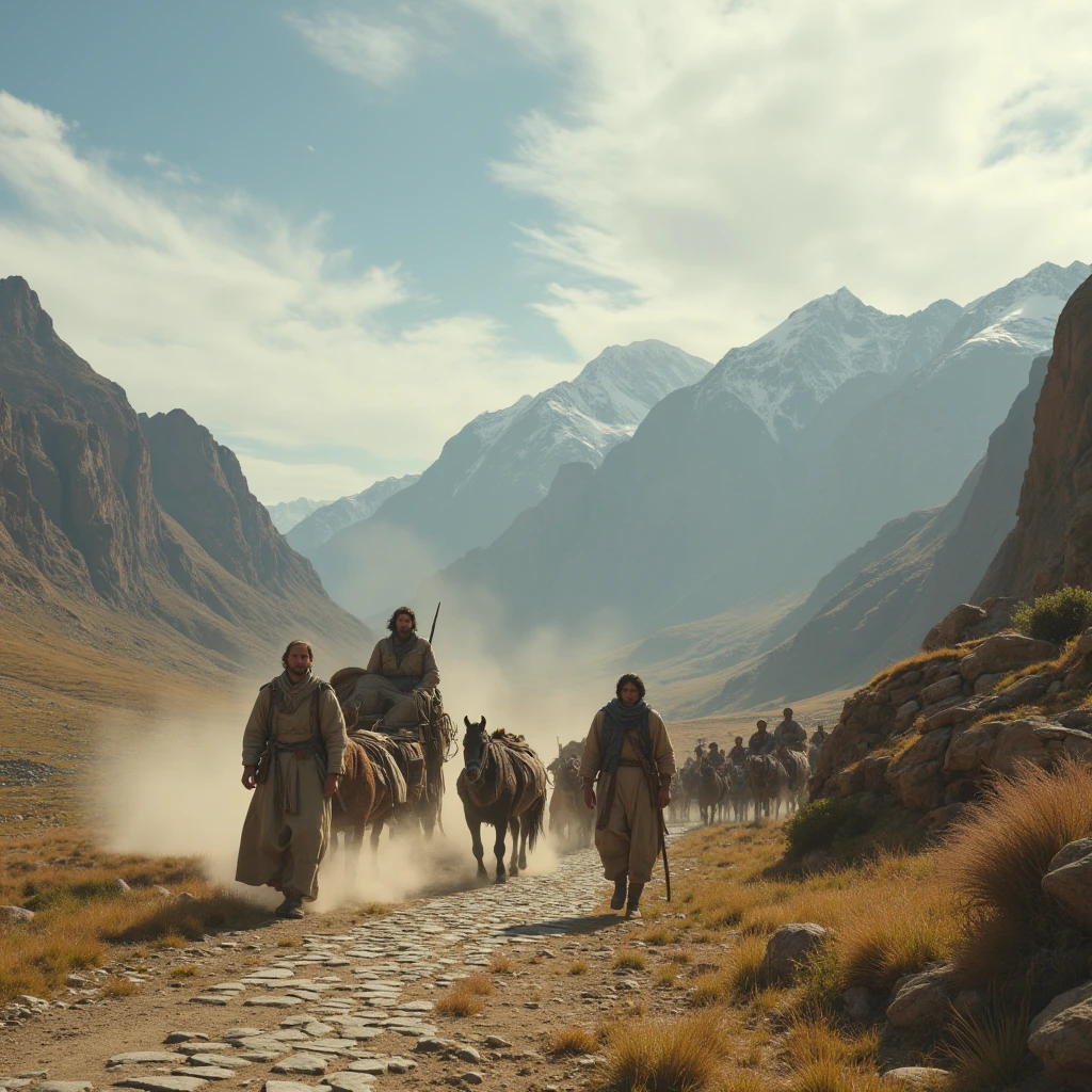 On the ancient short stone road, a group of caravan is slowly moving forward, with dust flying. A few white clouds float in the sky, surrounded by rolling mountains, creating a picture full of historical significance.

full body, Professional, perfect composition, ultra-detailed, intricate details