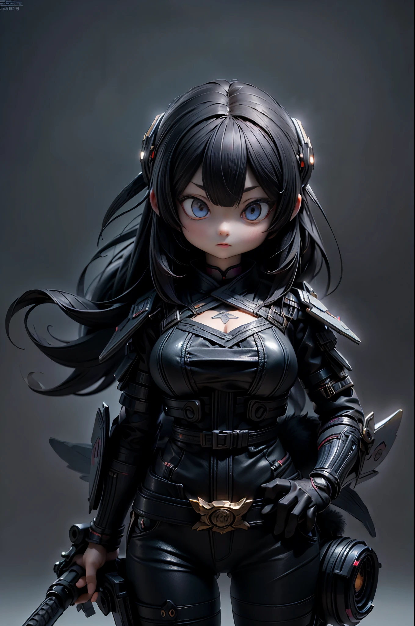 1girl, Solo, Breasts, Samurai with black fox years an fluffy tail, Long Hair, Black Hair, 3D Rendering, big Blue eyes, Masterpiece, Accurate, High Resolution, Detail, High Details, High Quality, Eye Reflection, Glowing Eyes, 3D model, 3D model,