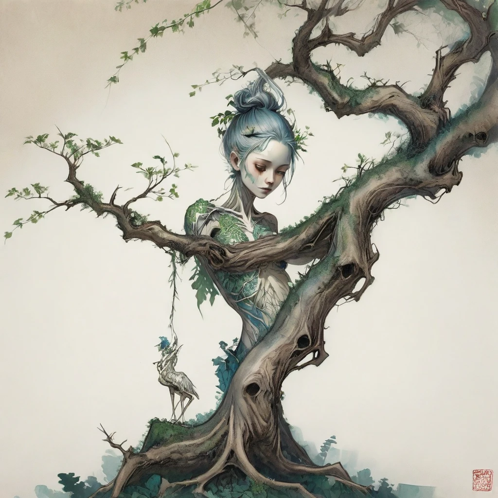 ((side view)),growth,leaf,tree branch on head,branch,fractal, dissect, bone, (girl made of branch), ink, scenery break melting, Ink painting style, (ink splash), (bird), (red flower), Plant Maiden, covered with green moss, against the background of a tree with branches,
collarbone, girl, portrait of a girl from the back, 
leg like a branch, Ukiyo-e style,
girl, adult, [Nordic], Hourglass elongated body, (perfect Olive skin), Profile Angle, Long neck, Oval Face, bare broad shoulders, Sagittal Plane Curves, blades shoulders, spinal line, long slim arms, well trained back, Rounded Jawline, snub Nose, High Round Narrow Symmetrical Cheekbone, Dimpled Cheek, (Monolid blue Eye), Short blonde Waves pixie hair, Attached Pointed ear, shoulder blades, Hourglass-shaped hips, fitness round ass, third breast size, long slim fitness legs,  
hyperrealism, masterpiece, high resolution, best quality, ultra detailed, Hyperrealistic art, high quality, ultra high resolution, extreme detail, many details, Extremely high resolution detail, 
 the ribs of the svelet are visible, the head is deformed by a tree branch, the hand is deformed by a tree branch, the fingers are like branches, trees have grown through the body, 
smudges, tree on head, roots, branch with birds overhead, paint smudges,  
a branch grows from the ear, a branch grows from behind the head, the roots of a tree are like a spine, a river with a rock garden in the background,  symmetrical composition, colorful,