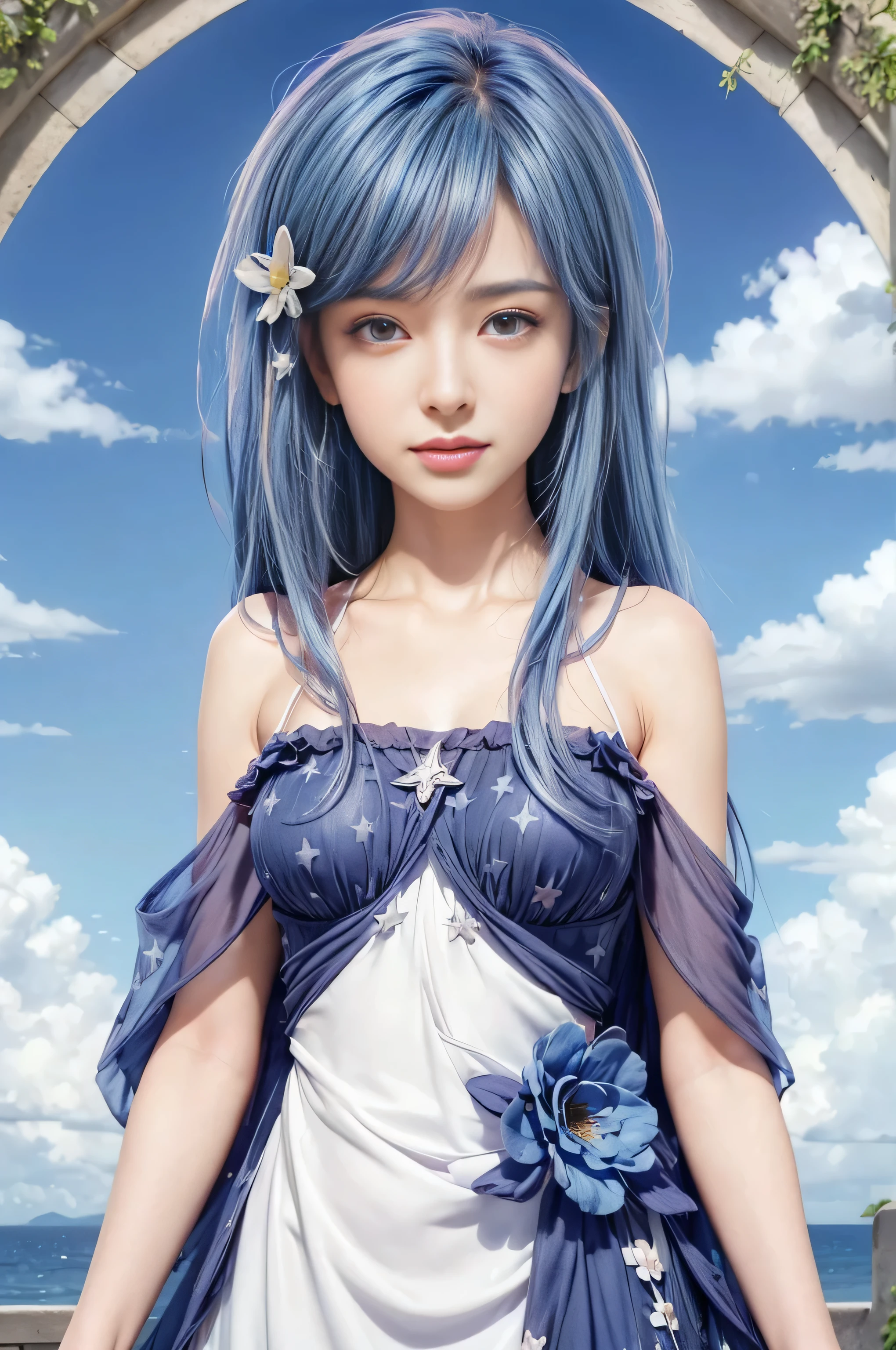 masterpiece, best quality, (realistic,photo-realistic:1.4), (RAW photo:1.2), extremely detailed CG unity 8k wallpaper, delicate and beautiful, amazing, finely detail,official art, absurdres, incredibly absurdres, huge filesize, ultra-detailed, extremely detailed, extremely detailkcaled girl,extremely detailed eyes and face, light on face,little smiles,(long hair:1.3),(blue hair:1.3),(nature background:1.6),maha,(flower dress:1.6),(medium breast:1.3),(star hair ornament:1.3),necklance