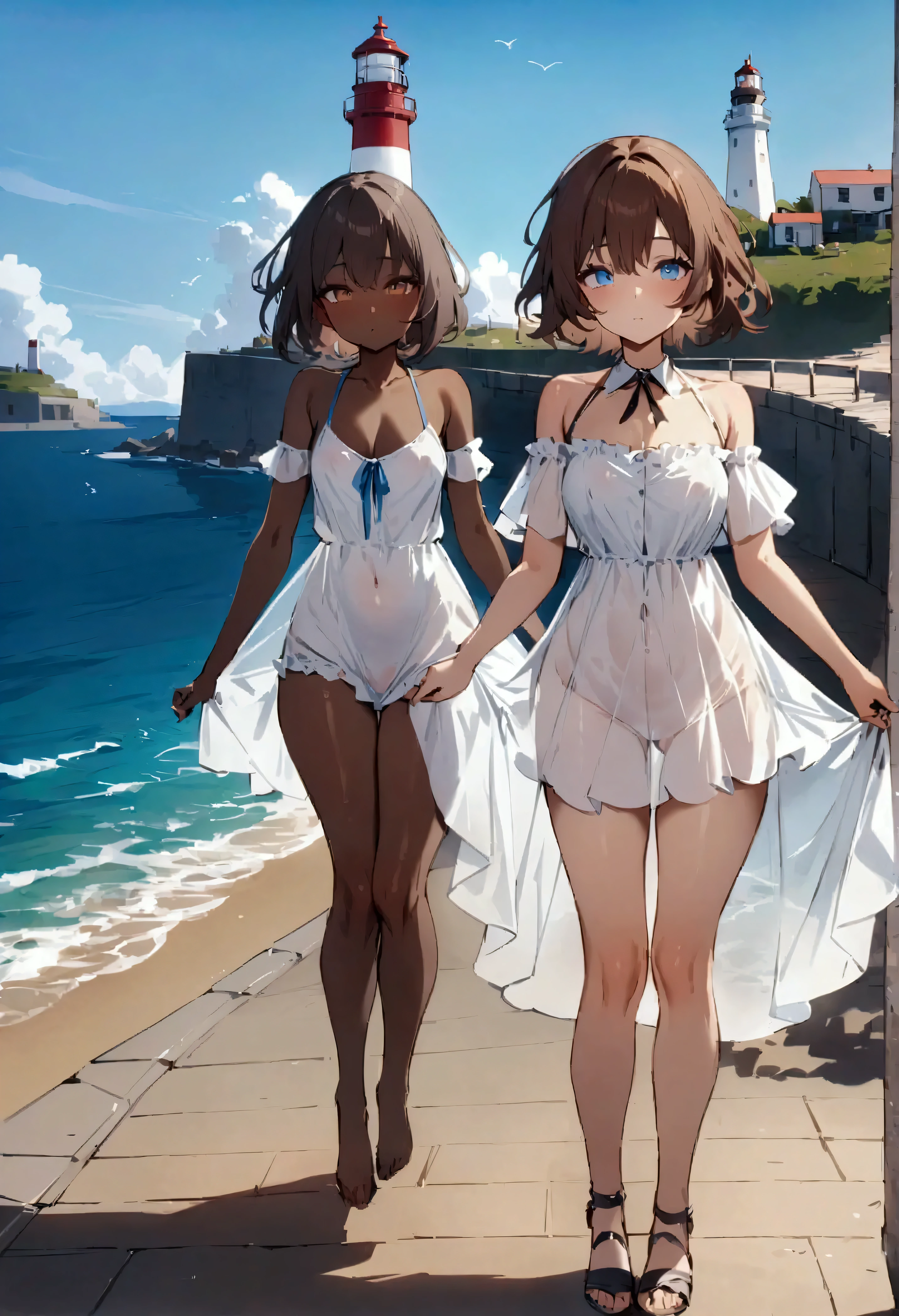 (((High resolution:1.5))), (((Very detailedな:1.5))), (((Three Girls:1.3))),((７Head to Body:1.3))、 (((beach,Outdoor、Midday light background)))、(((Happy expression))), (((smile:1.5)))、(((Beautiful and detailed eyes:1.3))), (((Very detailed))), (((Details face:1.5))), break ,sunny、(((Nude:1.5))),((Very delicate body))、((Very flat chest))、((Small waist))、((thigh gap:1.2))、Friendly atmosphere、(((spread legs:1.5))),(from side:1.1),(((tanlines:1.3)))、(((tan skin:1.5))),