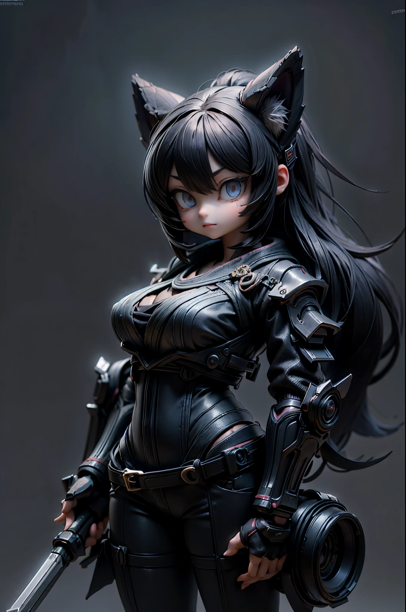 1girl, Solo, Breasts, Samurai with black fox years an fluffy tail, Long Hair, Black Hair, 3D Rendering, big Blue eyes, Masterpiece, Accurate, High Resolution, Detail, High Details, High Quality, Eye Reflection, Glowing Eyes, 3D model, 3D model,