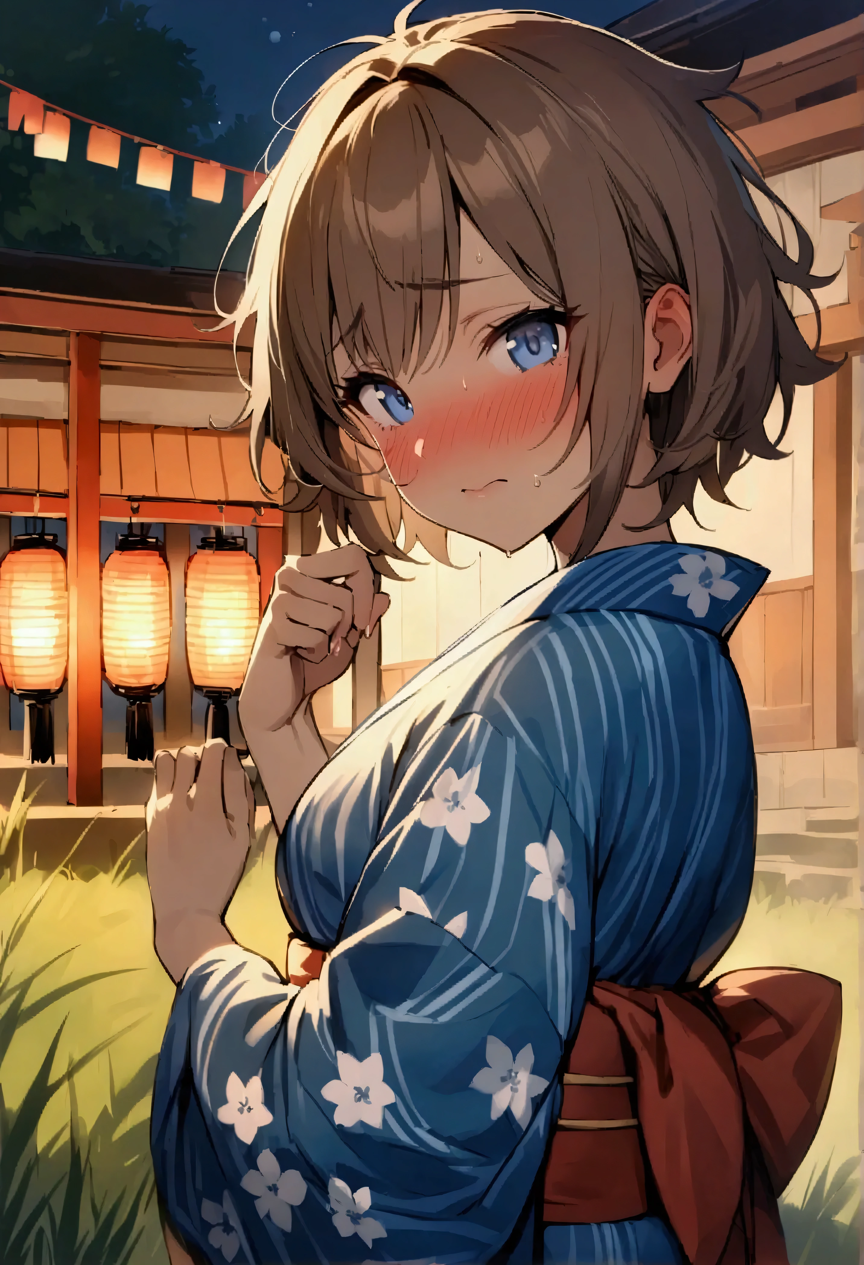 NSFW,masterpiece,Best Quality,High resolution,Very detailed,Boyish Girl,Brown Hair,Short Hair,Messy hair,blue eyes,Brown Skin,yukata,Shrine at night,Festivals,Lantern,Shade,Grassland,Embarrassed,blush,fidgety