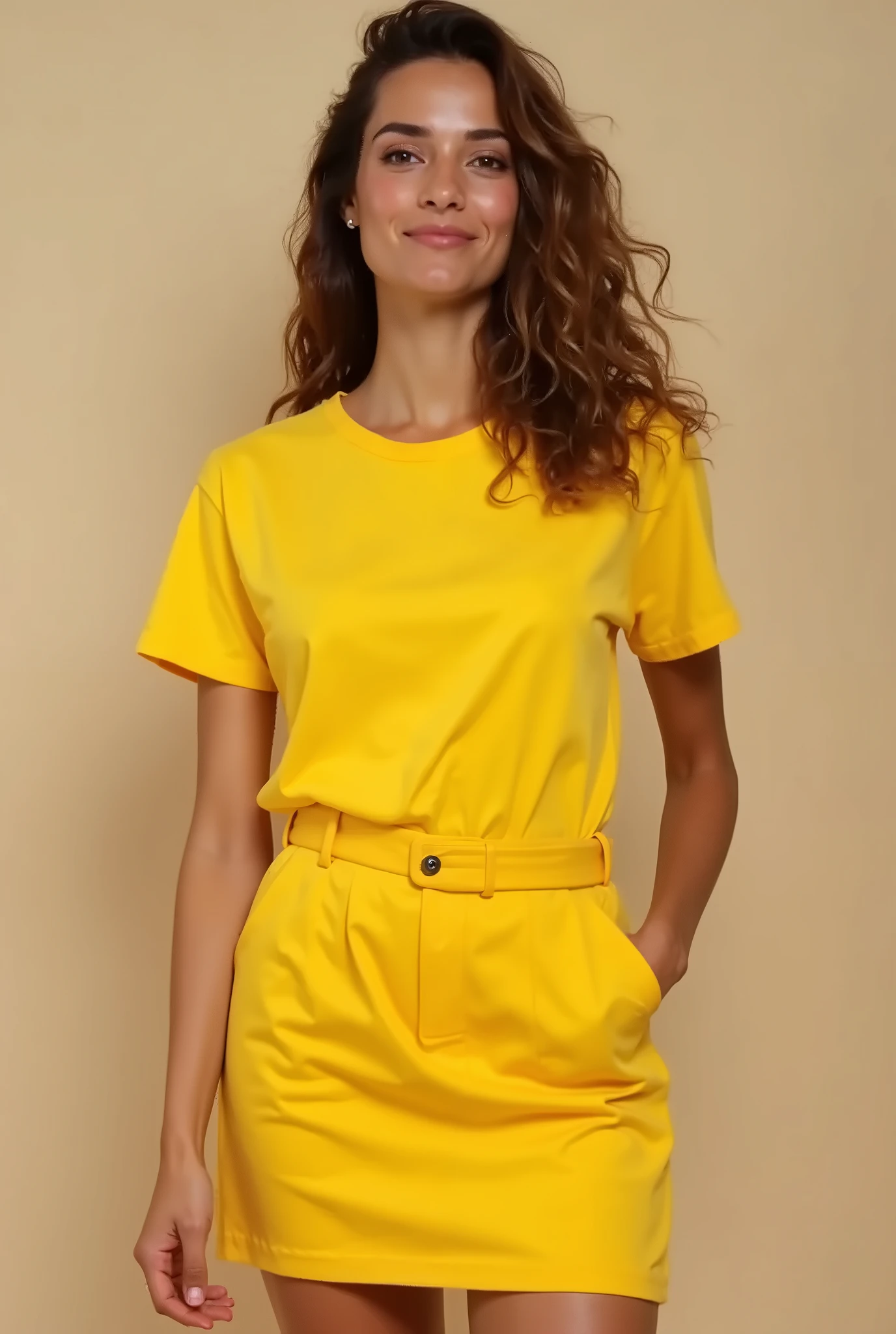 Eva Longoria wearing an orange and yellow shirt and shorts and smiling