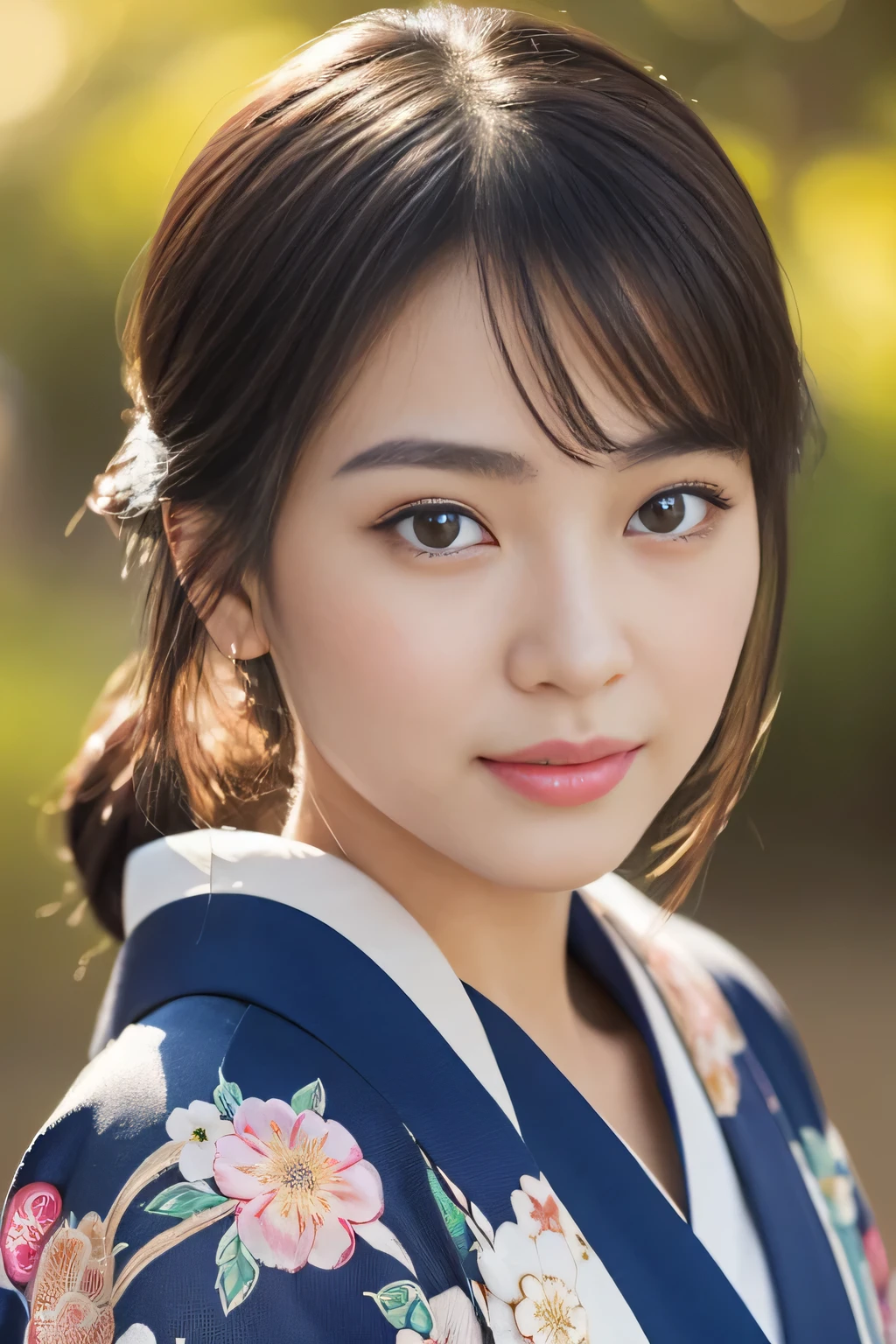 (best quality, ultra-detailed, realistic:1.37), professional, beautiful detailed eyes, beautiful detailed lips, detailed facial features, natural skin tones, perfect skin texture, delicate facial expressions, image in high resolution, realistic face, realistic skin, plain face, natural smile, highly detailed hair, (Yuki), 18yo, (a beautiful Japanese college girl), radiates elegance in a traditional kimono. The high-resolution image captures ultra-detailed realism, highlighting Yuki's captivating eyes, delicate lips, and smooth complexion. The traditional setting and vibrant colors of the kimono create a visually stunning representation of Japanese culture and beauty.