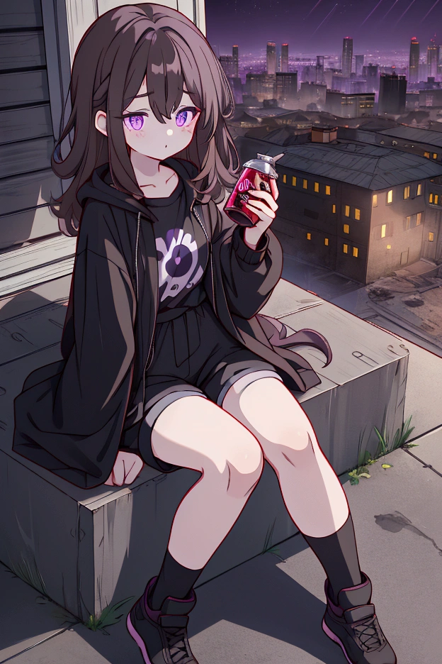 A short woman with long brown hair, purple eyes, circles under her eyes, a sleepy look (slightly dead appearance) and pale skin. She is wearing a black raincoat, undershirt and black shorts. She is sitting on the roof of an abandoned building and drinking a can of energy drink. It's night outside.