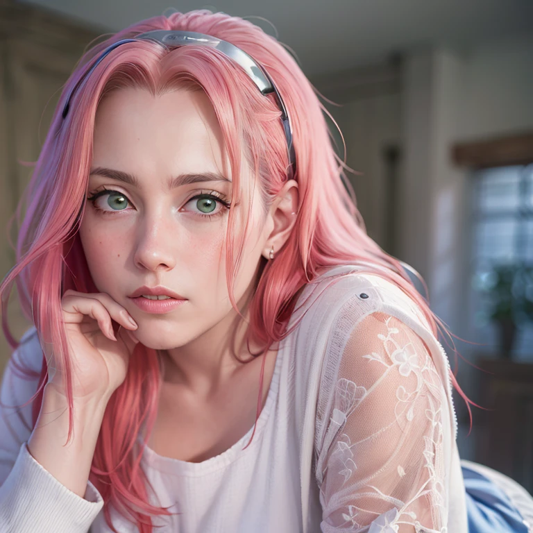 young woman, bubblegum pink hair tied in a bun, wide forehead, porcelain skin, pink eyebrows, emerald green eyes, upturned nose, thick pink lips, heart-shaped face, dark red clothes, Sakura Haruno, realism, well detailed, 3d
