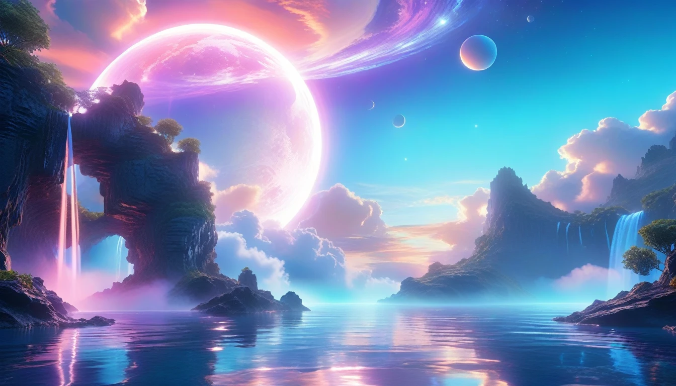 A Masterpiece In 32K Resolution, Supreme Quality, Super Detail, Official Art, Very High-Resolution 32K Wallpaper, Beautiful And Ethereal, Ultra-Detailed Features, Awe-Inspiring Detail. Celestial, Serene, And Dreamlike Scene Set On A Mystical, Oceanic Planet. The Scene Features Vast, Crystal-Clear Waters Reflecting The Light Of Two Moons Suspended In A Twilight Sky. Towering Waterfalls Cascade From Hovering Islands, Surrounded By Clouds That Shimmer With Iridescent Blues And Violets. A Giant Ringed Planet Dominates The Horizon, Its Rings Glistening With Particles Of Stardust. The Atmosphere Is Peaceful Yet Brimming With An Air Of Fantasy, And The Use Of Soft Gradients Gives A Sense Of Tranquil Motion. Otherworldly Flora Sways In The Gentle Breeze, Adding A Sense Of Calm To This Aquatic Paradise. The Palette Is Soft Yet Vibrant, With Hues Of Turquoise, Lavender, And Coral Creating A Mesmerizing Visual Harmony.