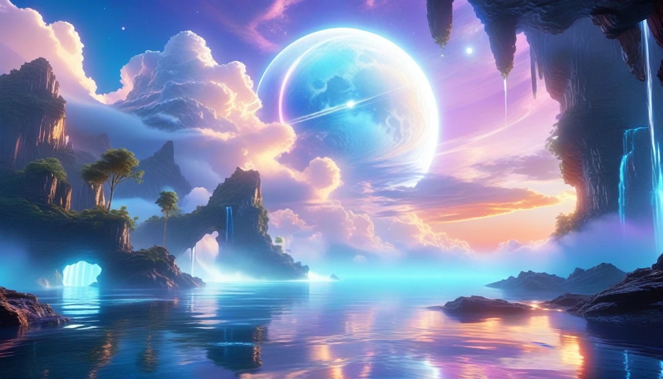 A Masterpiece In 32K Resolution, Supreme Quality, Super Detail, Official Art, Very High-Resolution 32K Wallpaper, Beautiful And Ethereal, Ultra-Detailed Features, Awe-Inspiring Detail. Celestial, Serene, And Dreamlike Scene Set On A Mystical, Oceanic Planet. The Scene Features Vast, Crystal-Clear Waters Reflecting The Light Of Two Moons Suspended In A Twilight Sky. Towering Waterfalls Cascade From Hovering Islands, Surrounded By Clouds That Shimmer With Iridescent Blues And Violets. A Giant Ringed Planet Dominates The Horizon, Its Rings Glistening With Particles Of Stardust. The Atmosphere Is Peaceful Yet Brimming With An Air Of Fantasy, And The Use Of Soft Gradients Gives A Sense Of Tranquil Motion. Otherworldly Flora Sways In The Gentle Breeze, Adding A Sense Of Calm To This Aquatic Paradise. The Palette Is Soft Yet Vibrant, With Hues Of Turquoise, Lavender, And Coral Creating A Mesmerizing Visual Harmony.