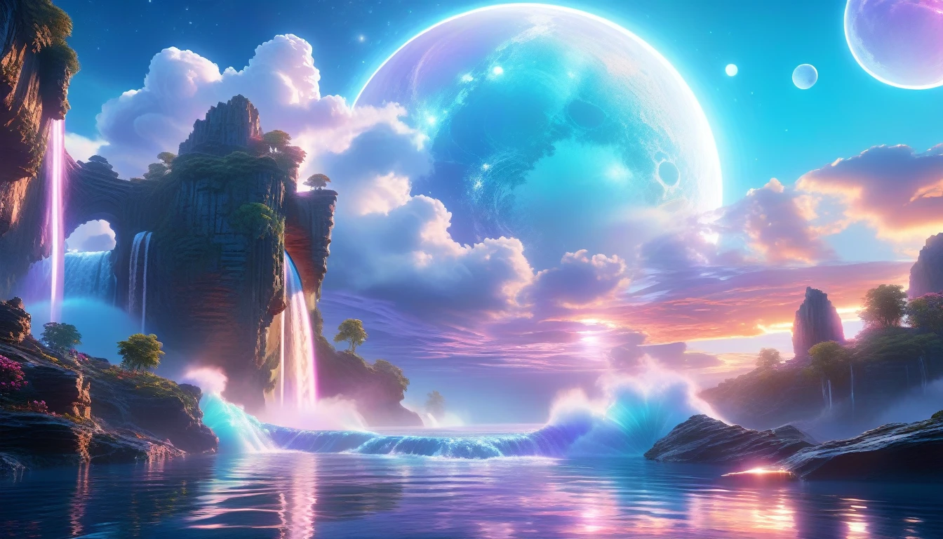 A Masterpiece In 32K Resolution, Supreme Quality, Super Detail, Official Art, Very High-Resolution 32K Wallpaper, Beautiful And Ethereal, Ultra-Detailed Features, Awe-Inspiring Detail. Celestial, Serene, And Dreamlike Scene Set On A Mystical, Oceanic Planet. The Scene Features Vast, Crystal-Clear Waters Reflecting The Light Of Two Moons Suspended In A Twilight Sky. Towering Waterfalls Cascade From Hovering Islands, Surrounded By Clouds That Shimmer With Iridescent Blues And Violets. A Giant Ringed Planet Dominates The Horizon, Its Rings Glistening With Particles Of Stardust. The Atmosphere Is Peaceful Yet Brimming With An Air Of Fantasy, And The Use Of Soft Gradients Gives A Sense Of Tranquil Motion. Otherworldly Flora Sways In The Gentle Breeze, Adding A Sense Of Calm To This Aquatic Paradise. The Palette Is Soft Yet Vibrant, With Hues Of Turquoise, Lavender, And Coral Creating A Mesmerizing Visual Harmony.