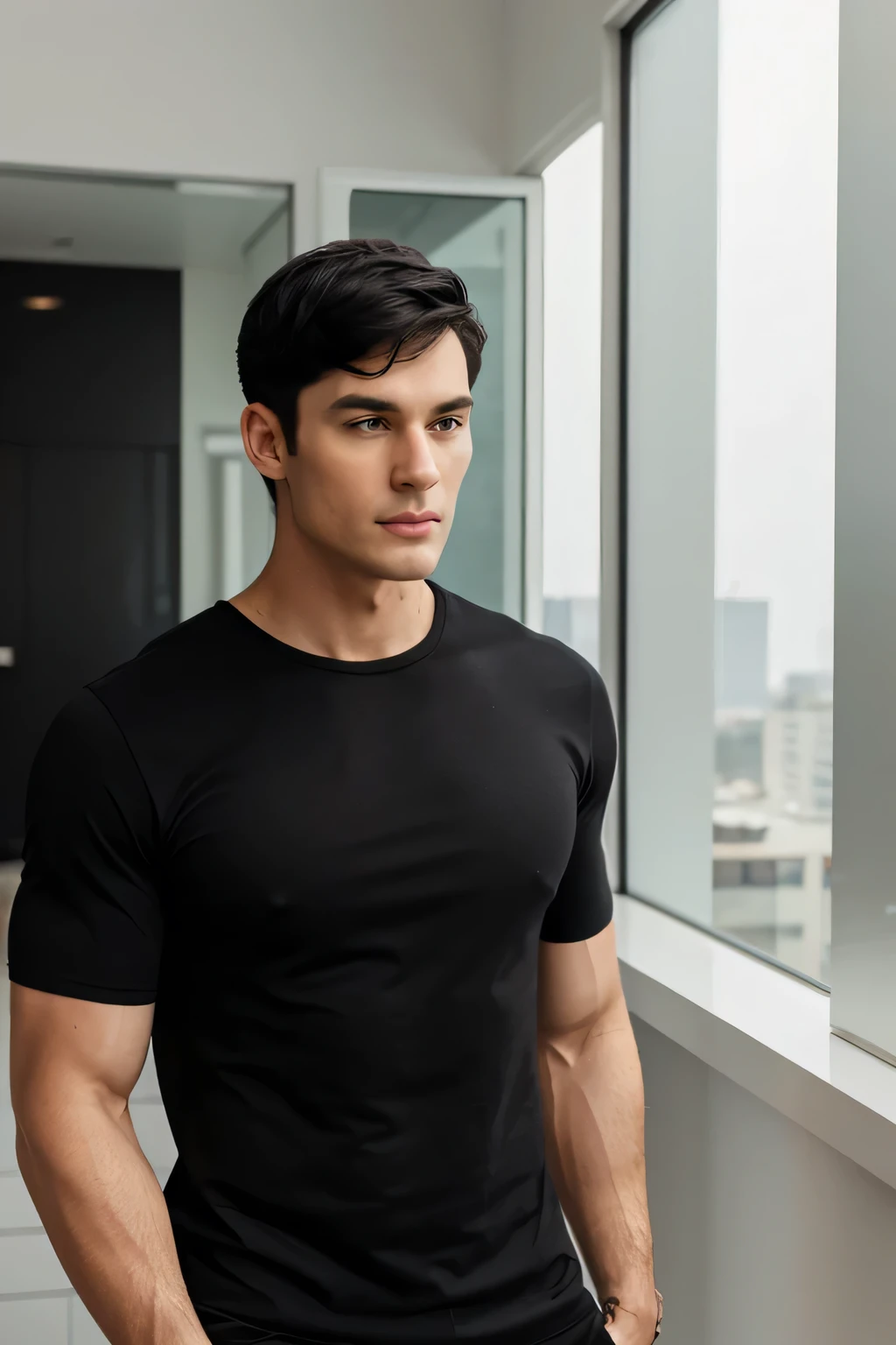 A 28 year old young man, bonitas, athletic body, wearing a black t-shirt tight to the body, super realistico, cinematic effect, short hair in military haircut style with entries, background with dark environment, good lighting as if it were a scene from a movie, 8k, ultra realisitic, sharp, background trees and buildings.