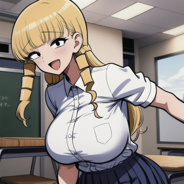 1girl,solo ,classroom, smile, open mouth, large breasts, 
kaneda_mochiko, black eyes, blonde hair, long hair, drill hair, blunt bangs, school uniform, collared shirt, pleated skirt,  best quality, masterpiece, highres, 