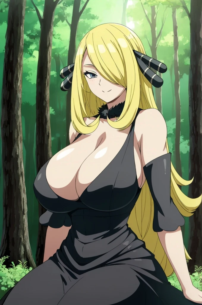 (masterpiece, Best Quality:1.2), (Very detailed:1.2), Cynthia //(Pokémon)//,Blonde, Hair covering one eye, hair ornament, Sitting in the woods,Huge saggy breasts,Deep cleavage,Black Dress,(Perfectly detailed anatomy, Perfect Arms, Perfect Fingers, Beautiful Face, Perfect body, Glowing Skin), smile,