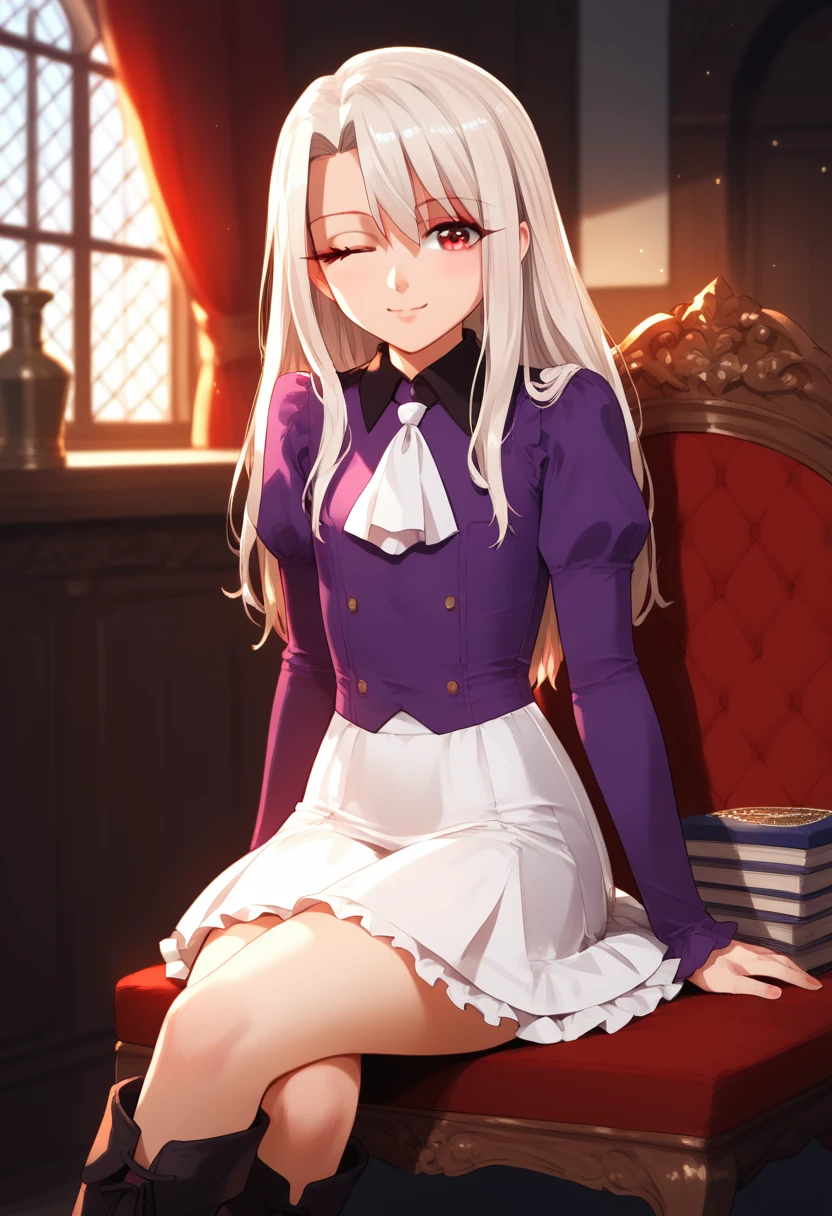 (masterpiece), (Best quality), (Very detailed), (high resolution), (8Khighres), (cel anime), (detailed beautiful face and eyes), (textile shading), (cowboy shot), (medieval interior), illyasviel von einzbern, long hair, (red eyes:1.5), white hair, skirt, shirt, long sleeves, boots, ascot, white skirt, frilled skirt, purple shirt, flat chest, beautiful breasts, sitting, chair, smile, crossing legs, wink,,