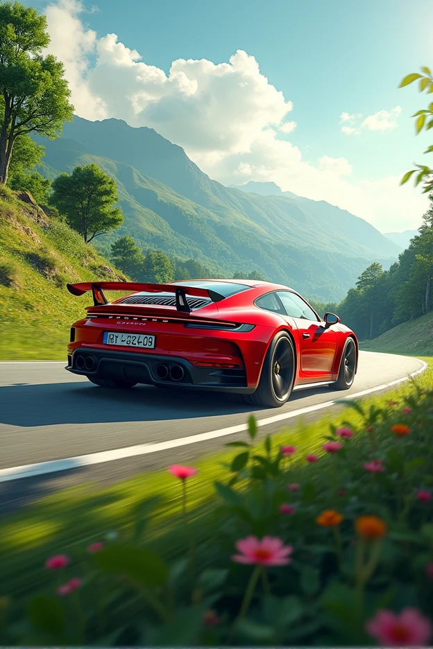 A bright red Porsche racing through the greenery