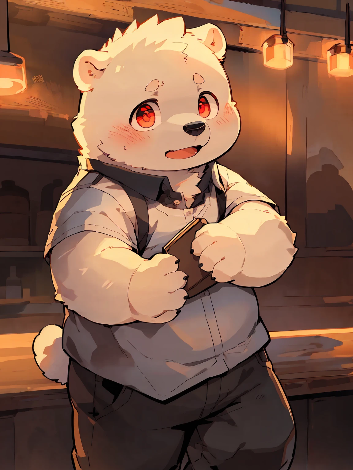 masterpiece, Best quality, Perfect anatomical structure, Bright eyes, Big watery eyes, Provided by RUHU1145, hairy, (polar bear), fur(trigger:0.3)，boy, Solitary，Red Eyes，Shy，Black pants，White shirt，Black bow tie，(Slightly fat)，Bar reception，Waiter