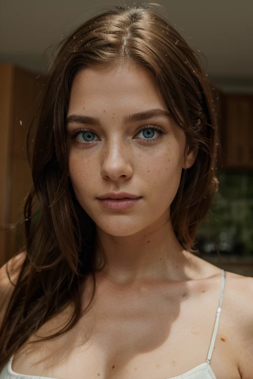 Full-body image. Explicit, uncensored, shameless, 8k, photorealistic, ultra-defined. Portrait of a beautiful 18-year-old girl, light brown hair, green eyes with golden highlights. Of Belarusian or Ukrainian origin. Pronounced cheekbones, Thin nose, hollowed out cheeks. Full, natural lips. Realistic detailed nose, realistic detailed eyes.
