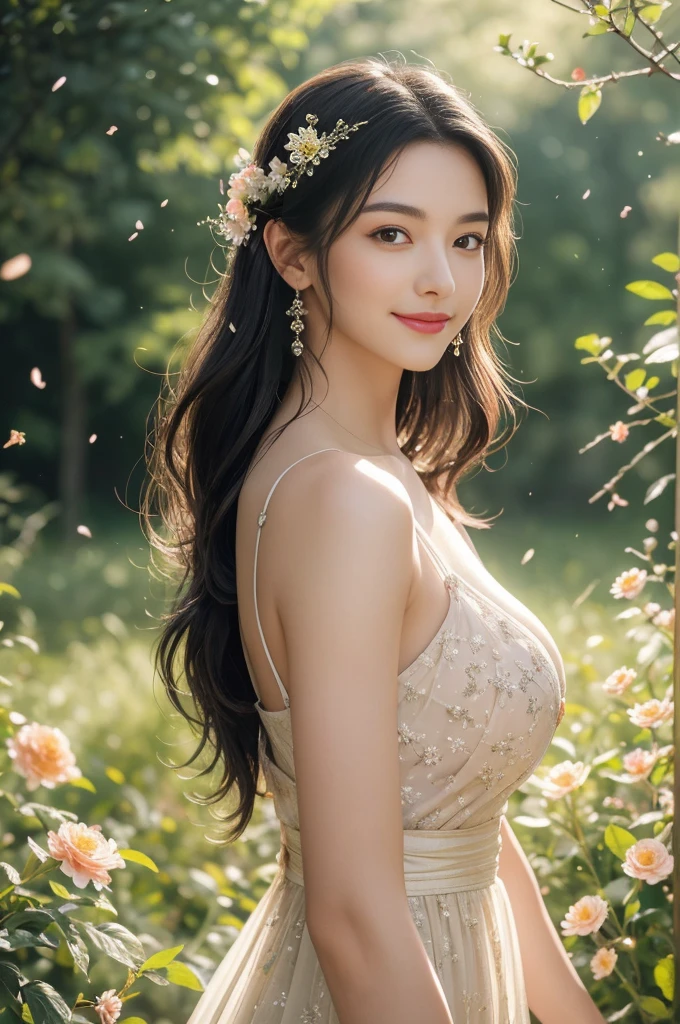 (Highest quality,4K,8k,High resolution,masterpiece:1.2),Very detailed,beautiful girl,Big Breasts,mature,Tall body, Close-up shot,Charm,Shine silk dress, Standing in a meadow full of blooming flowers, Fluttering petals, Posing with a large bouquet,colorful,Magical Forest,Sparkling light particles, Atmospheric,Great lighting,Pure beauty,dream-like,Calm,quiet,mysterious,Charm,mysterious,feminine,Charm presence,Shine Black Hair,A kind smile,Graceful posture,Peaceful aura,Shine,Beauty in nature