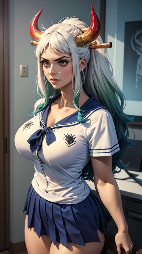 (best quality:1.3), student, short sleeved, fitted dress shirt, cute sailor suit all dark blue, dark blue pleated skirt, dark blue sailor collar, red sailor scarf, White socks, beautiful seductive thigh, (demon girl), big breasts, hair with blue tips green gradient, red tipped horn, The level of detail is inspiring, realistic 1.2, Volumetric effects add depth and dimension, and the photorealism is unmatched. The image is rendered in 8K resolution, ensuring super detailed visuals. Volumetric lighting adds a touch of magic, highlighting your beauty and aura in a supernatural way. A High Dynamic Range technology (HDR) makes the cores stand out, adding richness to the overall composition. In the end, this art presents an unreal portrait.