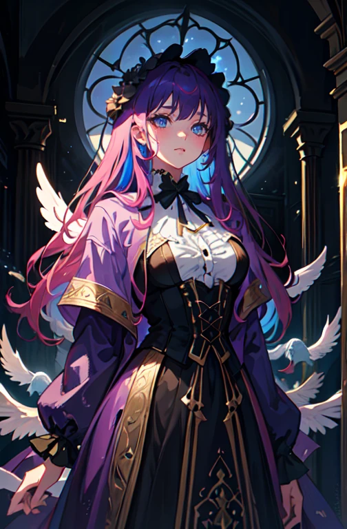 Lunar Angelic Deity, girlish, colorful fantasy, Anime Art, long hair, Purple Jacket, Angelic Victorian Clothing, DarkFantasy. character design, Gothic, spectrally. hdr.