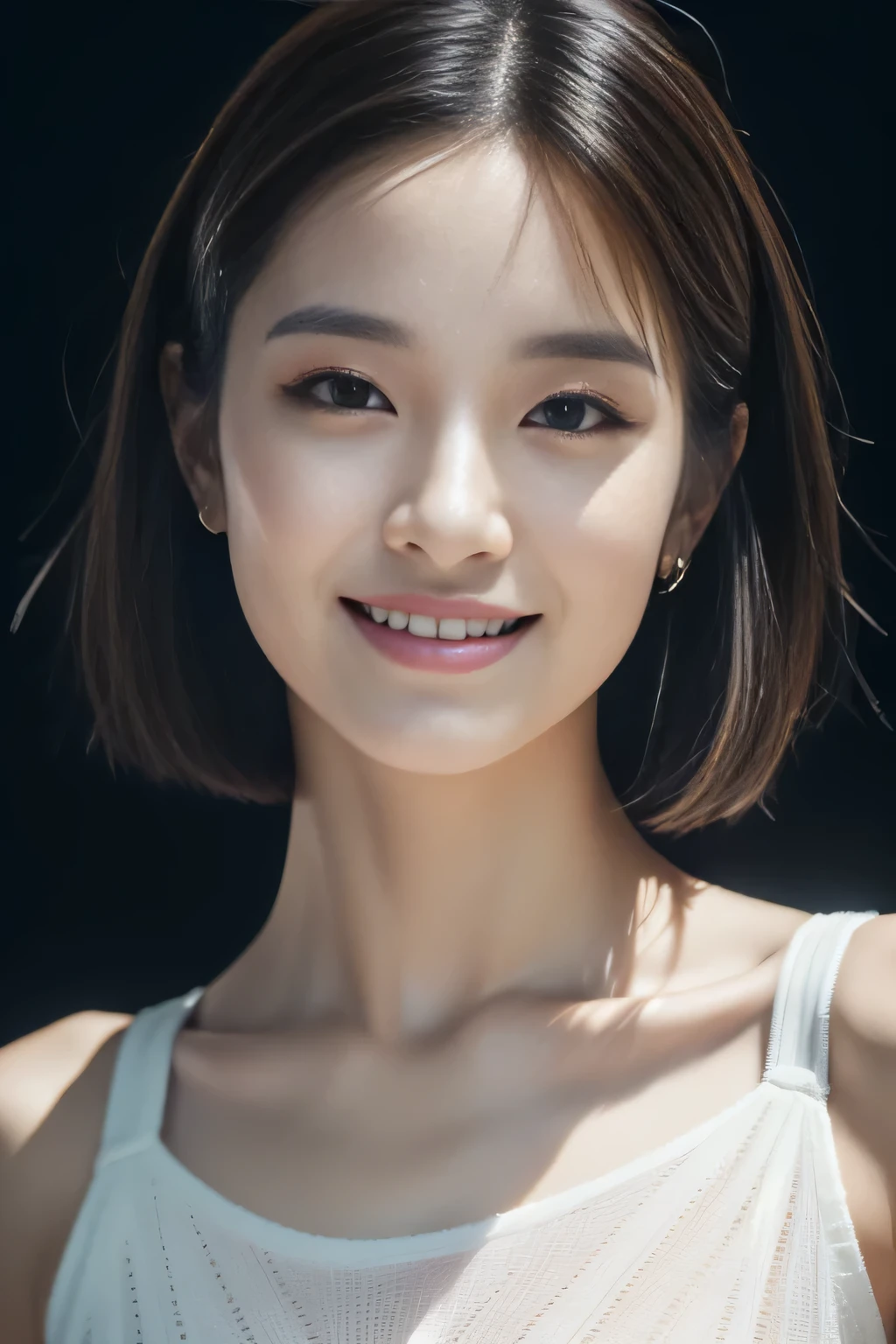 4 surreal idol, Smiling broadly, I can see the tooth,  Ultra-Bulletproof Maxi Dress, Tab Rings, Thank you thank you, Short layer hair, look at a camera, .raw, (8K, Top  Quality, ​masterpiece:1.2), (Delicate explanation:1.4), ( PhotorealSitic:1.4), Fine, Studio Soft Light(Studio Soft Light), Rim Light, Draw to shine, Ultra Brush, Realistic Leather Blocks, Drawing a Face, Beautiful Drawing Eyes, It's a very sturdy CG Unity 8, Makeup-, Detailed Background