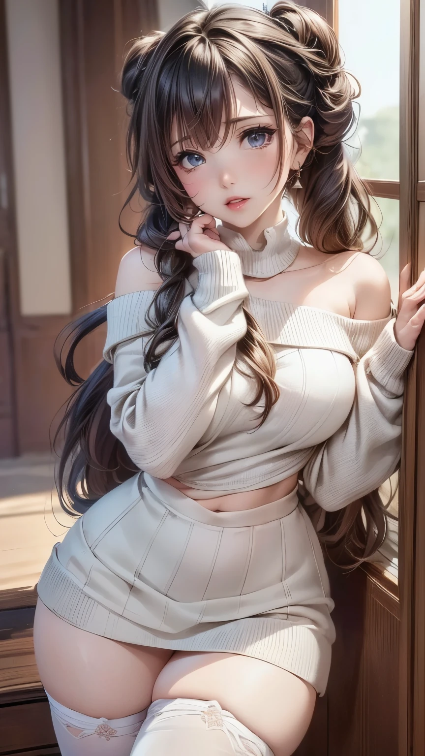 (【Random pose),(Random Hairstyles),(最High image quality,(8k),Ultra-realistic,Best Quality, High image quality, High resolution, High image quality texture,high detail,Beautiful Details,Fine details,Extremely detailed CG,Detailed Texture,Realistic facial expression,masterpiece,Presence),(Off-the-shoulder sweater), Tight mini skirt, thighs, stockings,