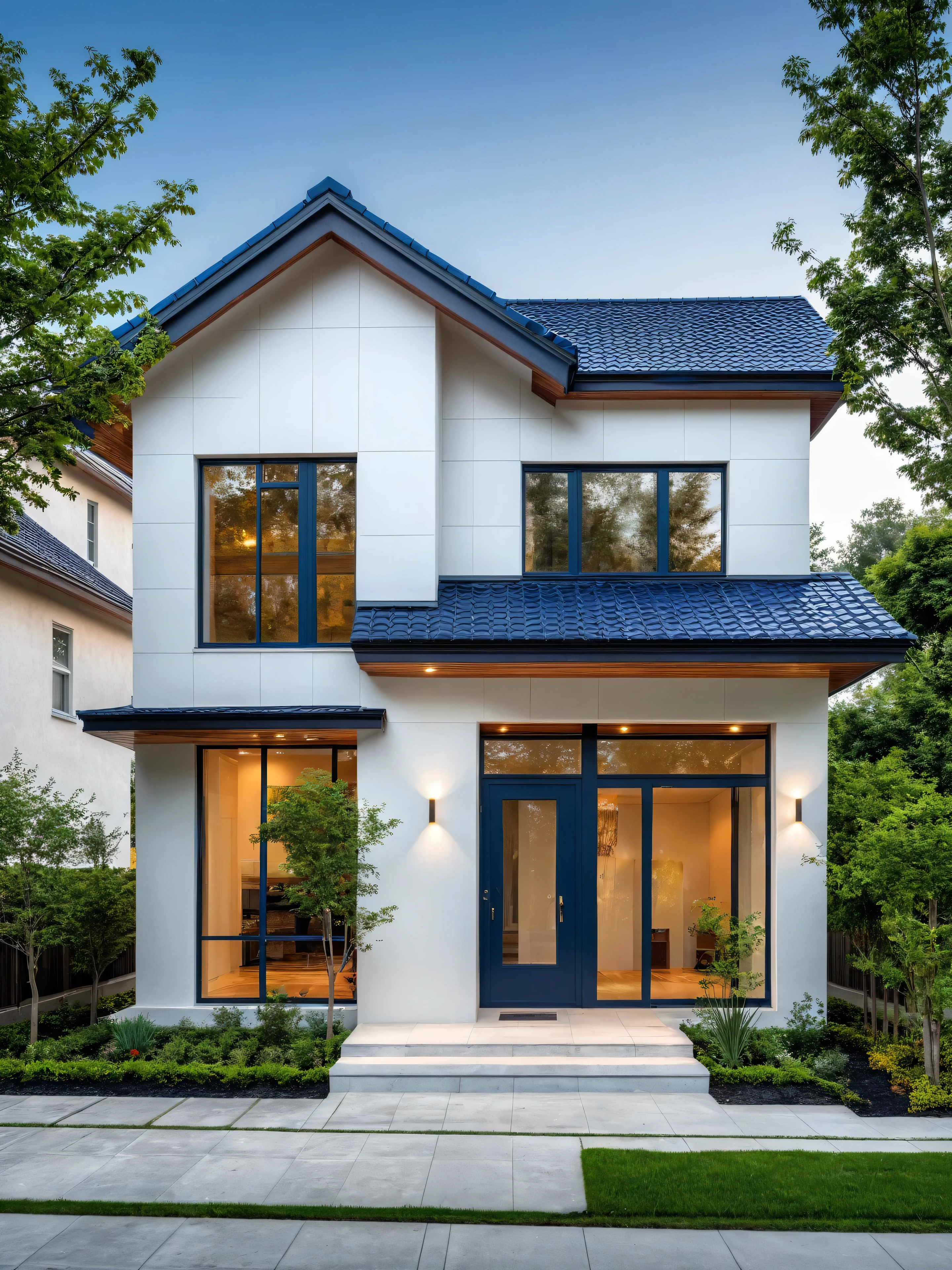 (masterpiece:1.2), best quality, photo of A two-story modern house with white walls and dark blue tiles on the roof., tree and plant, streetcapes, natural light, vivid color, The exterior of an elegant single family home features large windows, a dark gray door frame.