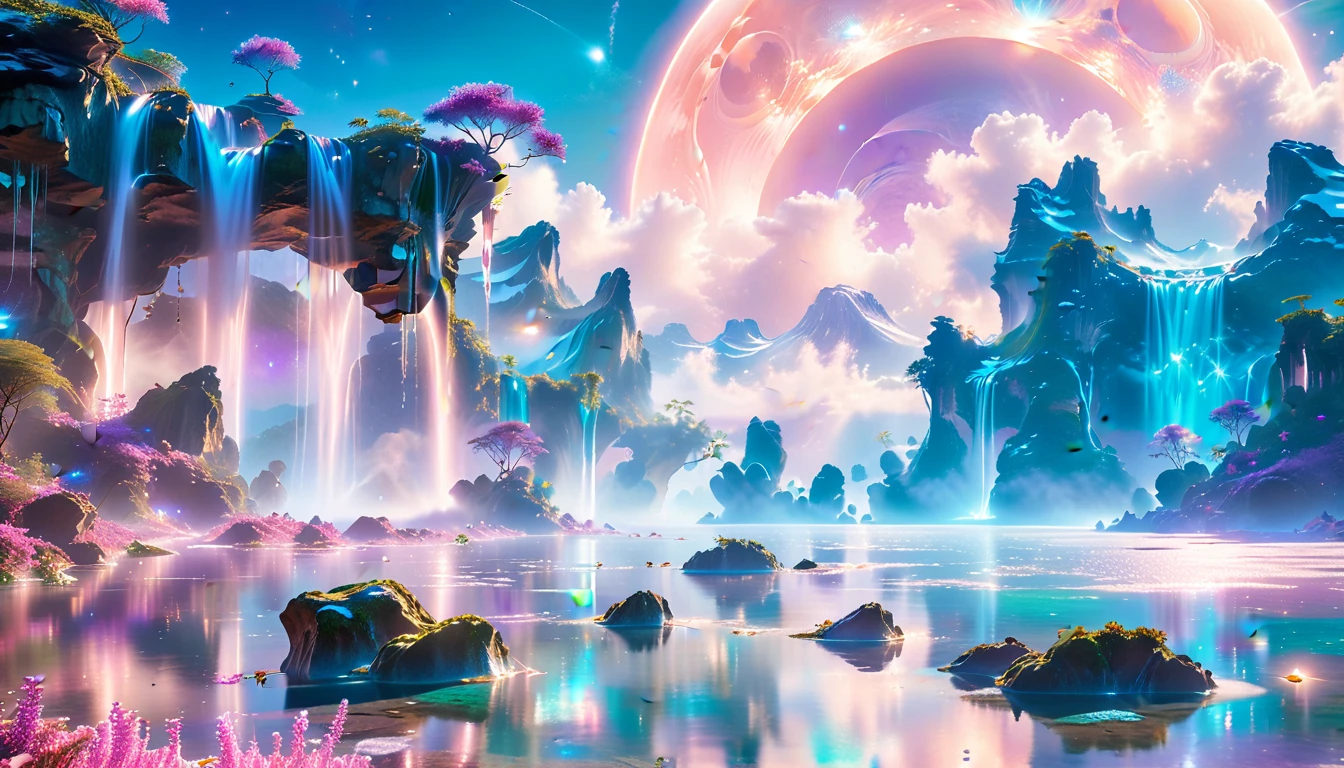 A Masterpiece In 32K Resolution, Supreme Quality, Super Detail, Official Art, Very High-Resolution 32K Wallpaper, Beautiful And Ethereal, Ultra-Detailed Features, Awe-Inspiring Detail. Celestial, Serene, And Dreamlike Scene Set On A Mystical, Oceanic Planet.
The Scene Features Vast, Crystal-Clear Waters Reflecting The Light Of Two Moons Suspended In A Twilight Sky. Towering Waterfalls Cascade From Hovering Islands, Surrounded By Clouds That Shimmer With Iridescent Blues And Violets. A Giant Ringed Planet Dominates The Horizon, Its Rings Glistening With Particles Of Stardust. The Atmosphere Is Peaceful Yet Brimming With An Air Of Fantasy, And The Use Of Soft Gradients Gives A Sense Of Tranquil Motion. Otherworldly Flora Sways In The Gentle Breeze, Adding A Sense Of Calm To This Aquatic Paradise. The Palette Is Soft Yet Vibrant, With Hues Of Turquoise, Lavender, And Coral Creating A Mesmerizing Visual Harmony.