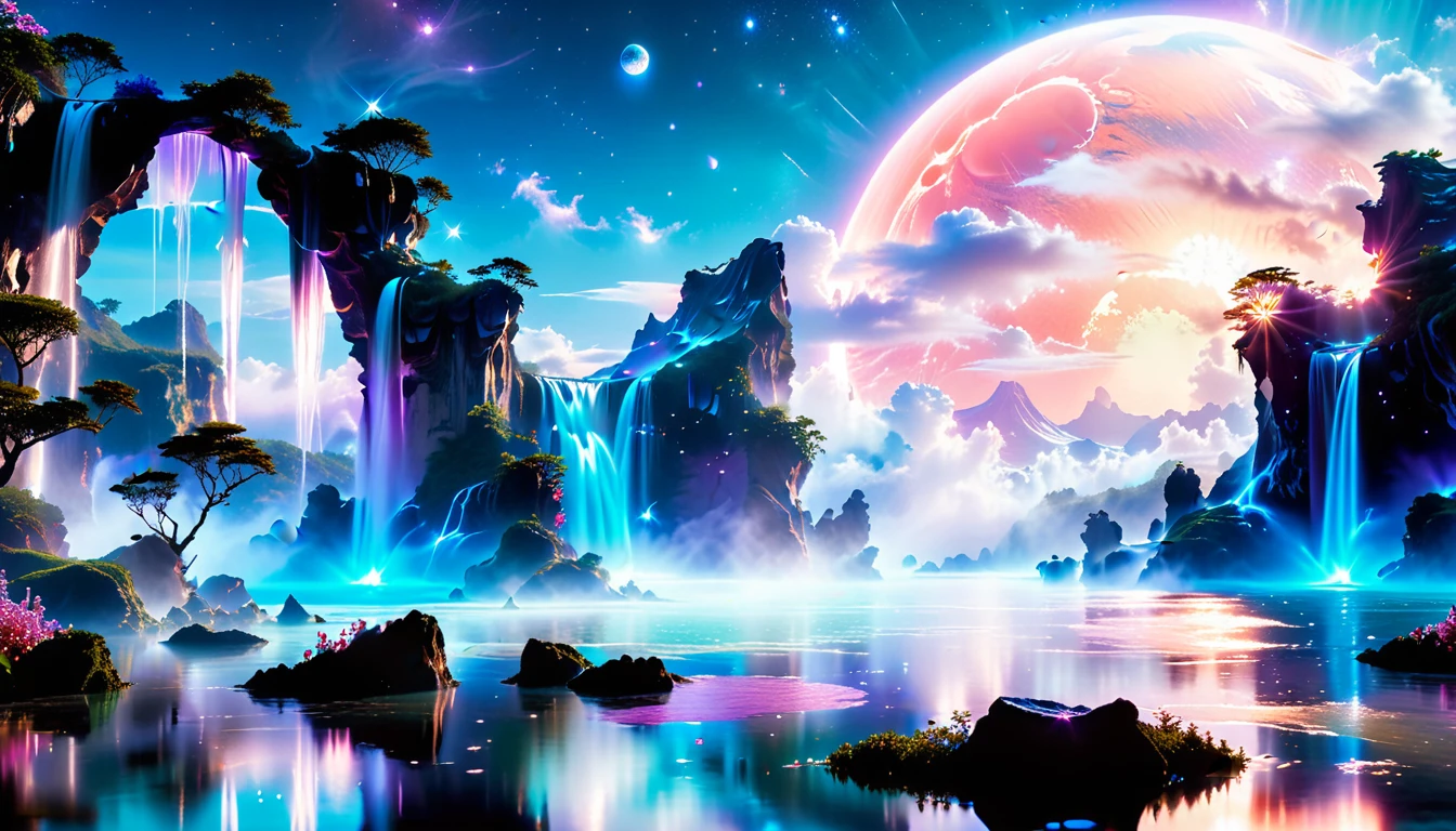 A Masterpiece In 32K Resolution, Supreme Quality, Super Detail, Official Art, Very High-Resolution 32K Wallpaper, Beautiful And Ethereal, Ultra-Detailed Features, Awe-Inspiring Detail. Celestial, Serene, And Dreamlike Scene Set On A Mystical, Oceanic Planet.
The Scene Features Vast, Crystal-Clear Waters Reflecting The Light Of Two Moons Suspended In A Twilight Sky. Towering Waterfalls Cascade From Hovering Islands, Surrounded By Clouds That Shimmer With Iridescent Blues And Violets. A Giant Ringed Planet Dominates The Horizon, Its Rings Glistening With Particles Of Stardust. The Atmosphere Is Peaceful Yet Brimming With An Air Of Fantasy, And The Use Of Soft Gradients Gives A Sense Of Tranquil Motion. Otherworldly Flora Sways In The Gentle Breeze, Adding A Sense Of Calm To This Aquatic Paradise. The Palette Is Soft Yet Vibrant, With Hues Of Turquoise, Lavender, And Coral Creating A Mesmerizing Visual Harmony.