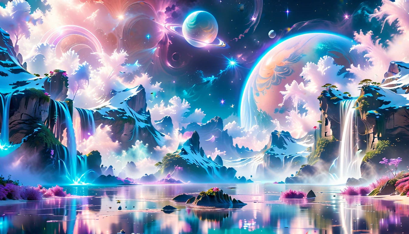 A Masterpiece In 32K Resolution, Supreme Quality, Super Detail, Official Art, Very High-Resolution 32K Wallpaper, Beautiful And Ethereal, Ultra-Detailed Features, Awe-Inspiring Detail. Celestial, Serene, And Dreamlike Scene Set On A Mystical, Oceanic Planet.
The Scene Features Vast, Crystal-Clear Waters Reflecting The Light Of Two Moons Suspended In A Twilight Sky. Towering Waterfalls Cascade From Hovering Islands, Surrounded By Clouds That Shimmer With Iridescent Blues And Violets. A Giant Ringed Planet Dominates The Horizon, Its Rings Glistening With Particles Of Stardust. The Atmosphere Is Peaceful Yet Brimming With An Air Of Fantasy, And The Use Of Soft Gradients Gives A Sense Of Tranquil Motion. Otherworldly Flora Sways In The Gentle Breeze, Adding A Sense Of Calm To This Aquatic Paradise. The Palette Is Soft Yet Vibrant, With Hues Of Turquoise, Lavender, And Coral Creating A Mesmerizing Visual Harmony.