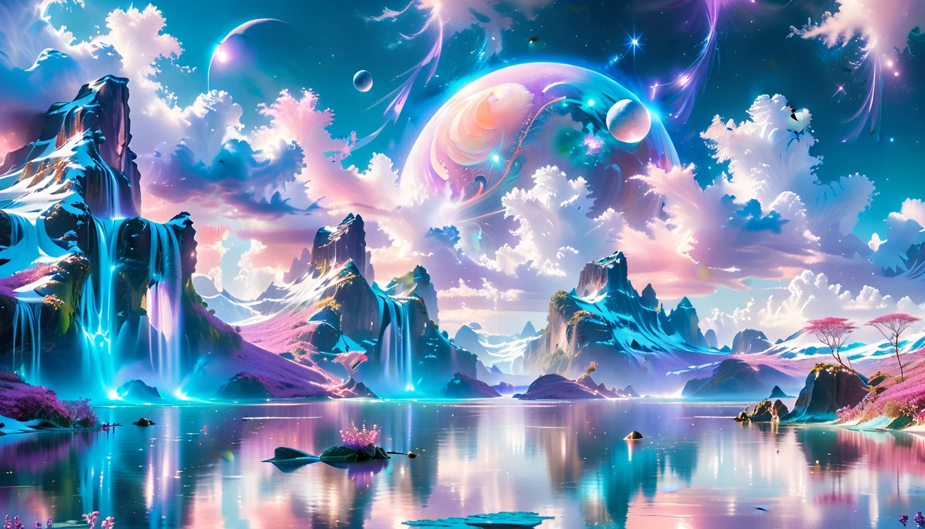 A Masterpiece In 32K Resolution, Supreme Quality, Super Detail, Official Art, Very High-Resolution 32K Wallpaper, Beautiful And Ethereal, Ultra-Detailed Features, Awe-Inspiring Detail. Celestial, Serene, And Dreamlike Scene Set On A Mystical, Oceanic Planet.
The Scene Features Vast, Crystal-Clear Waters Reflecting The Light Of Two Moons Suspended In A Twilight Sky. Towering Waterfalls Cascade From Hovering Islands, Surrounded By Clouds That Shimmer With Iridescent Blues And Violets. A Giant Ringed Planet Dominates The Horizon, Its Rings Glistening With Particles Of Stardust. The Atmosphere Is Peaceful Yet Brimming With An Air Of Fantasy, And The Use Of Soft Gradients Gives A Sense Of Tranquil Motion. Otherworldly Flora Sways In The Gentle Breeze, Adding A Sense Of Calm To This Aquatic Paradise. The Palette Is Soft Yet Vibrant, With Hues Of Turquoise, Lavender, And Coral Creating A Mesmerizing Visual Harmony.