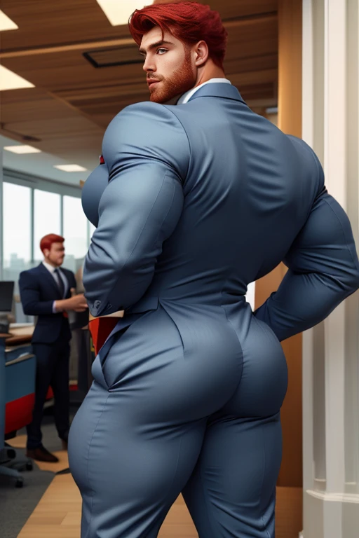 1men, slightly overweight white American men. 20 years old. Beard face. Red hair,  In london with friend. Very sexy Posing for camera. Muscular. Wearing a small and tight blue office suit. Big ass. Smooth body and face. Belly seen. Long long legs. View from the back.