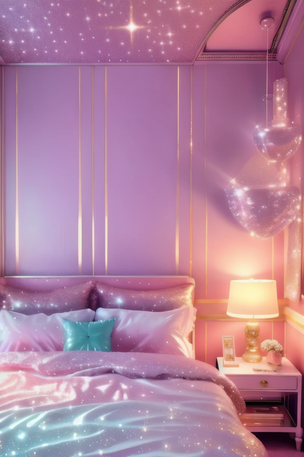 1997 luxurious bedroom, dreamy aesthetic, glow, glitter, very soft pastel tone, soft aesthetic,