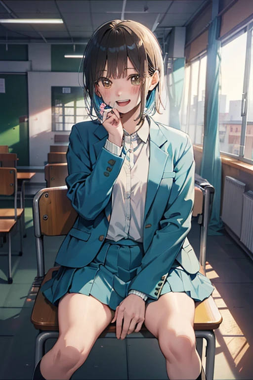 Straddling a chair,　High school classroom,Schoolyard seen from the window,machine,chair,
smile,Open your mouth,
embarrassed, blush,　stroking own chin,
((best quality)), ((masterpiece)), High resolution,Sharp focus,(Super detailed,Very detailed),(Very detailed CG unity 8k wallpaper),(((Vibrant colors)))、{best illustration}, 
1girl, sexy, ChinatsuKano, (complete anatomy), Perfect Fingers,
Light blue blazer,　Light blue skirt,White socks,Brown Loafers,