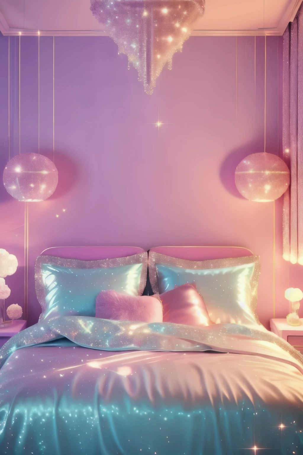 1980 luxurious bedroom, dreamy aesthetic, glow, glitter, very soft pastel tone, soft aesthetic,