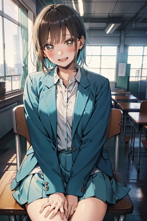 Straddling a chair,　High school classroom,Schoolyard seen from the window,machine,chair,
smile,Open your mouth,
embarrassed, blush,　stroking own chin,　(cowboy shot),
head tilt,
((best quality)), ((masterpiece)), High resolution,Sharp focus,(Super detailed,Very detailed),(Very detailed CG unity 8k wallpaper),(((Vibrant colors)))、{best illustration}, 
1girl, sexy, ChinatsuKano, (complete anatomy), Perfect Fingers,
Light blue blazer,　Light blue skirt,White socks,Brown Loafers,