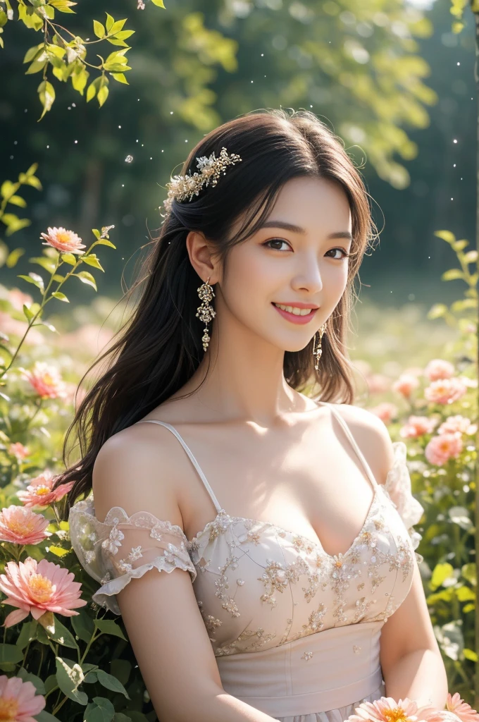 (Highest quality,4K,8k,High resolution,masterpiece:1.2),Very detailed,beautiful girl,Big Breasts,mature,Tall body, Close-up shot,Charm,Shine silk dress, Standing in a meadow full of blooming flowers, Fluttering petals, Posing with a large bouquet,colorful,Magical Forest,Sparkling light particles, Atmospheric,Great lighting,Pure beauty,dream-like, smiling face,Charm presence,Shine Black Hair,A kind smile,Graceful posture,Peaceful aura,Shine,Beauty in nature