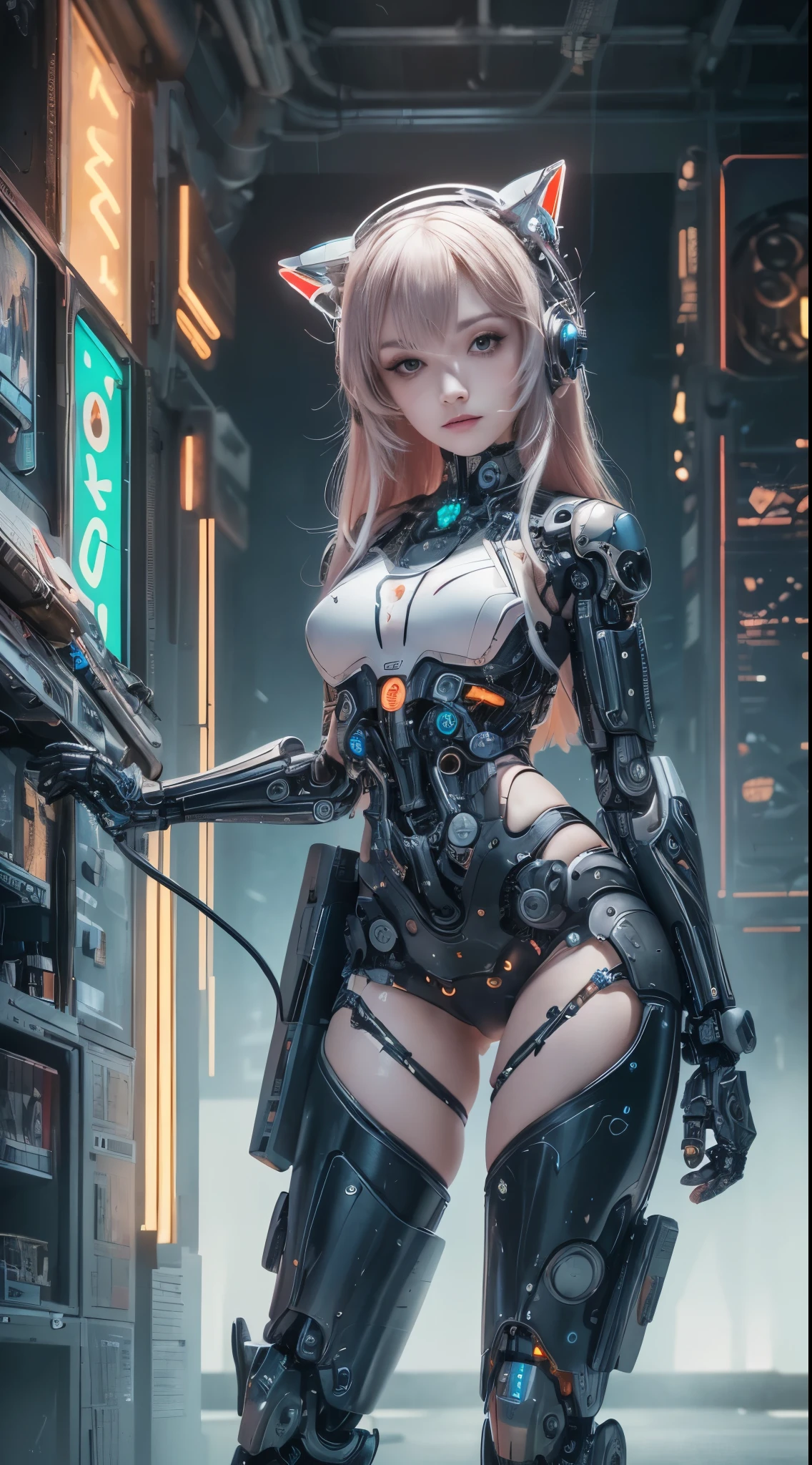 full body, Plano general, Anatomically correct, anime style:1.5, A female cyborg connects circuit terminals, Of course,(Better quality,4k,8K,high resolution,masterpiece:1.2),Ultra detailed,sharp focus,( Beautiful detailed eyes, beautiful and detailed lips, Extremely detailed face and skin, long eyelashes, futuristic cybernetic implants, bright energy effects, intricate mechanical details, neon lights, dark sci-fi atmosphere, cinematic lighting, arte digital, muted color palette, dramatic shadows, 8K, highest quality, masterpiece