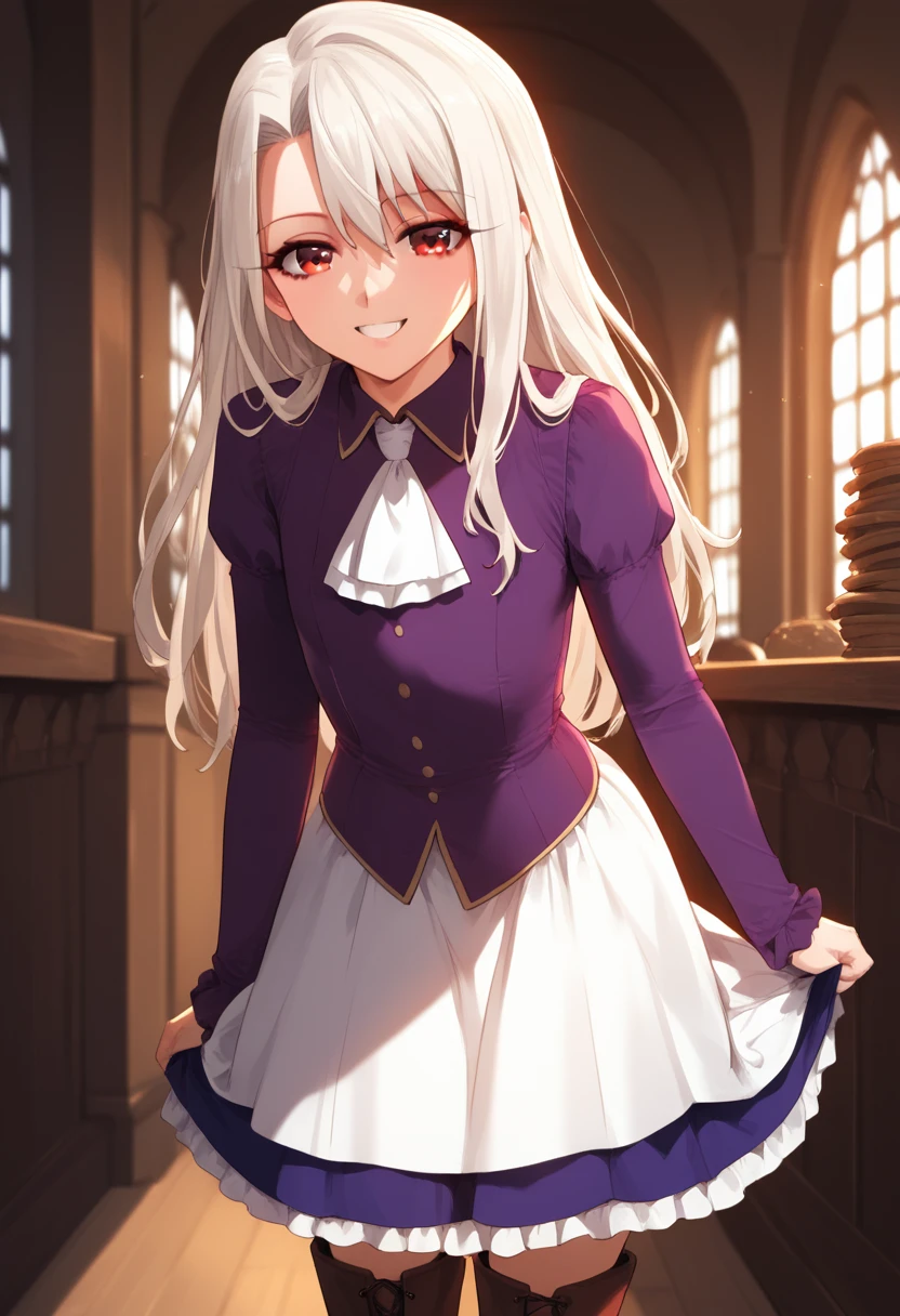 (masterpiece), (Best quality), (Very detailed), (high resolution), (8Khighres), (cel anime), (detailed beautiful face and eyes), (textile shading), (cowboy shot), (medieval interior), illyasviel von einzbern, long hair, (red eyes:1.5), white hair, skirt, shirt, long sleeves, boots, ascot, white skirt, frilled skirt, purple shirt, flat chest, beautiful breasts, smile, looking back, from behind, leaning forward,,