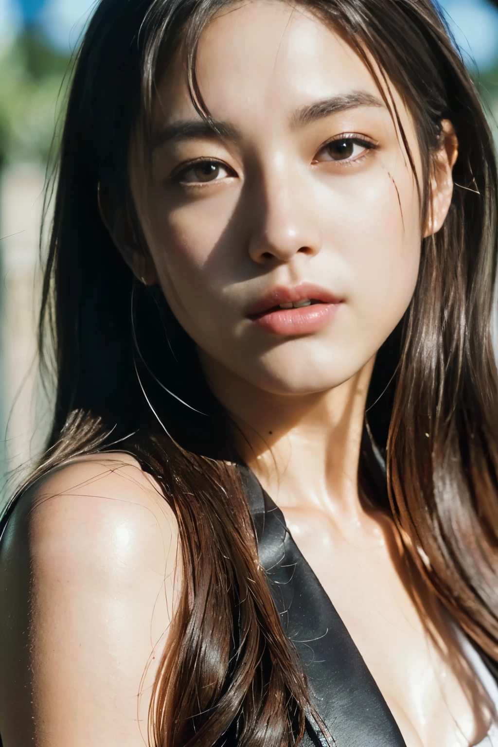 a woman, has a small nose, shining eyes, thick black hair that is tied up, not wearing clothes