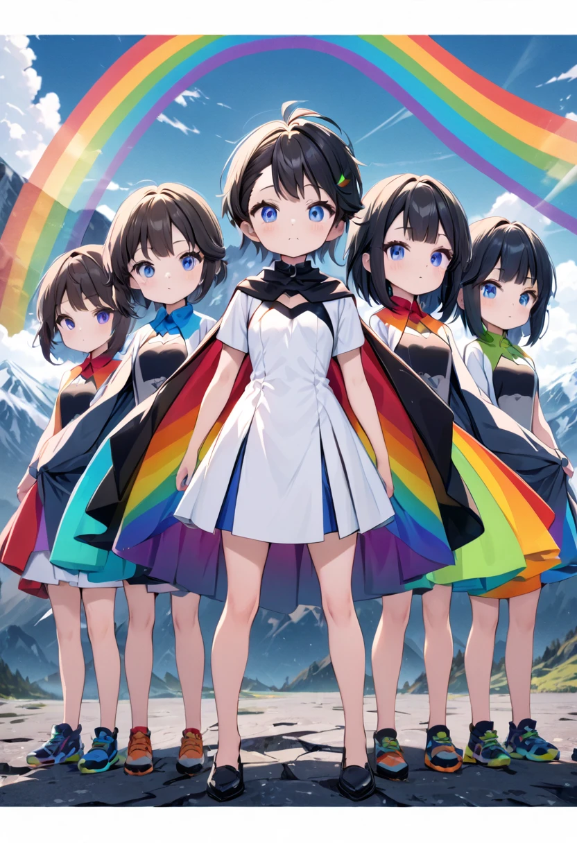 Highest quality, movie quality, background of mountains with a border pattern, 5 beautiful girls standing proud, image color is rainbow, group of 5 (, wearing a superheroic dress, cool, cute, nihilistic), dilapidated world line