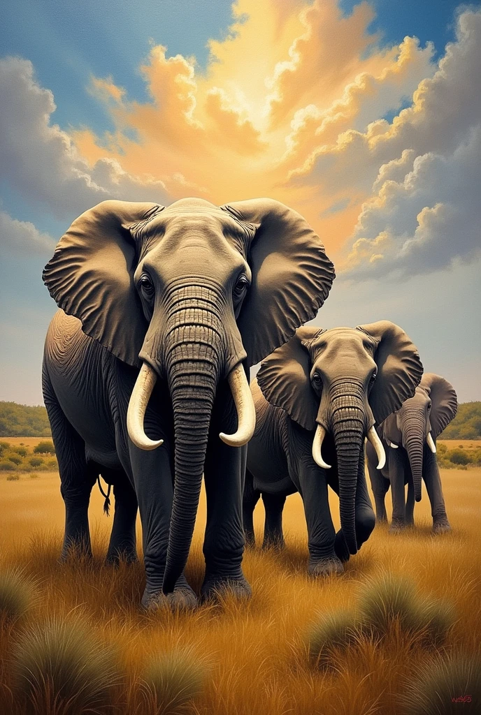 OIL PAINTINGS with spatulas, herd of elephants in the savannah, masterpiece, African style 