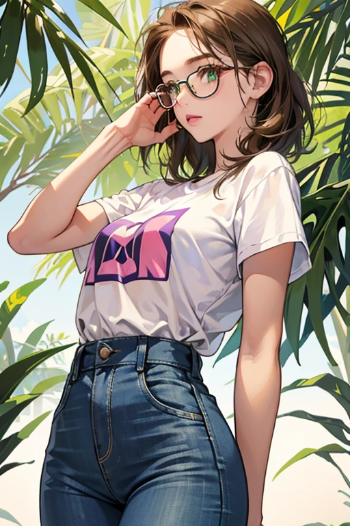 (masterpiece:1.5), illustration, 4k, 8k, (high quality:1.1), (extremely detailed),highly detailed, detailed face, HDR, vivid colors, natural lighting, (pretty eyes), beautiful face, full body, 1girl, long hair, brown hair, messy hair, hair between eyes, blue eyes, colorful eyes, glasses, round eyewear, t-shirt, pleated skirt, belt, medium breasts, sitting, outdoors, camping, tent, (campfire), rocks, flashlight, sleeping bag, (night), milky way,