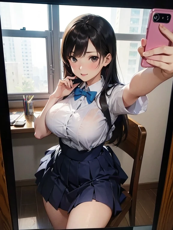 hi-school girl、selfie photo、Take a selfie in the mirror、校服、barechested、shiny areola、tiny chest、Shiny skin、lift up one's skirt、Pubic hair is dark、​masterpiece、highcontrast、cinematlic lighting、Detailed shading、top-quality、Top image quality