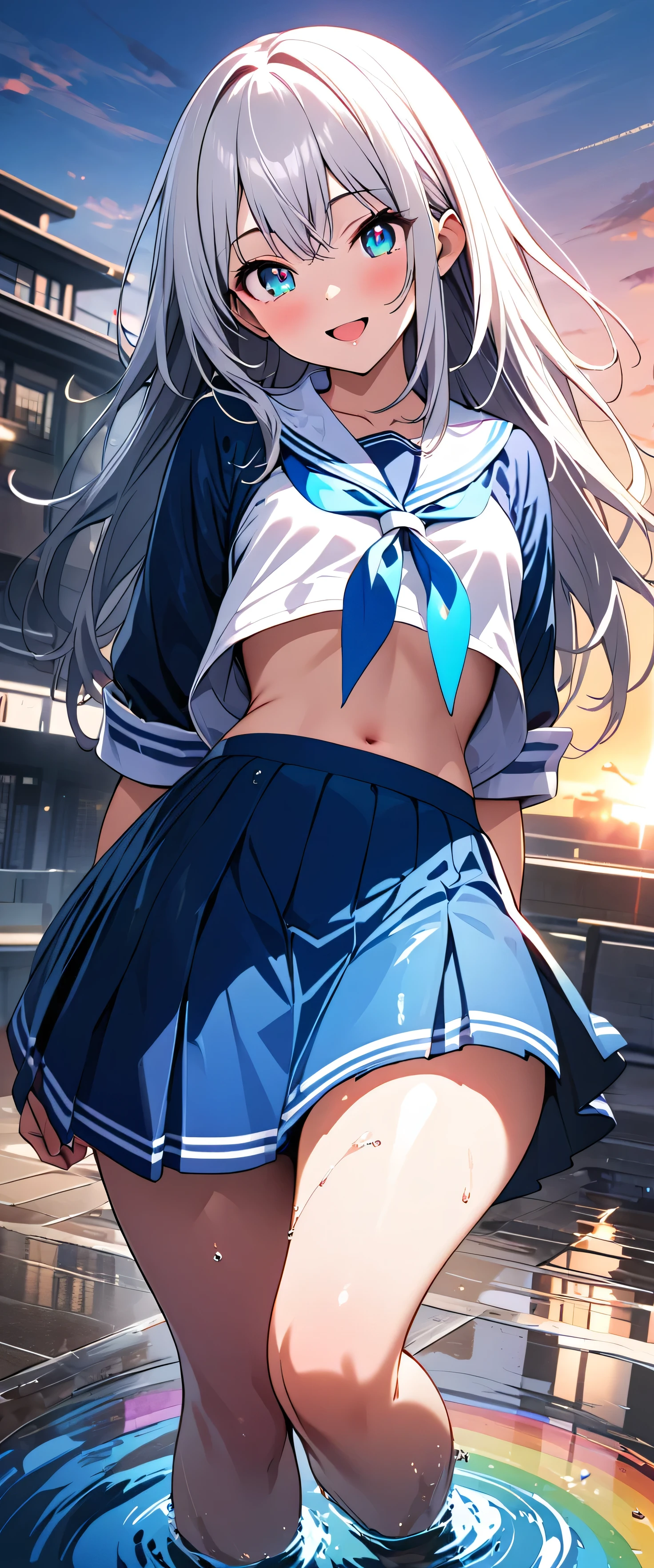 beautiful detailed girl, 1girl, detailed white hair, detailed blue eyes, detailed small perky breasts, detailed tight firm butt, short white pleated skirt, blue panties, button up shirt, sailor cap, extremely detailed, realistic, photorealistic, ultra-detailed, 8k, masterpiece, dramatic lighting, vibrant colors, cinematic, fantasy, ethereal